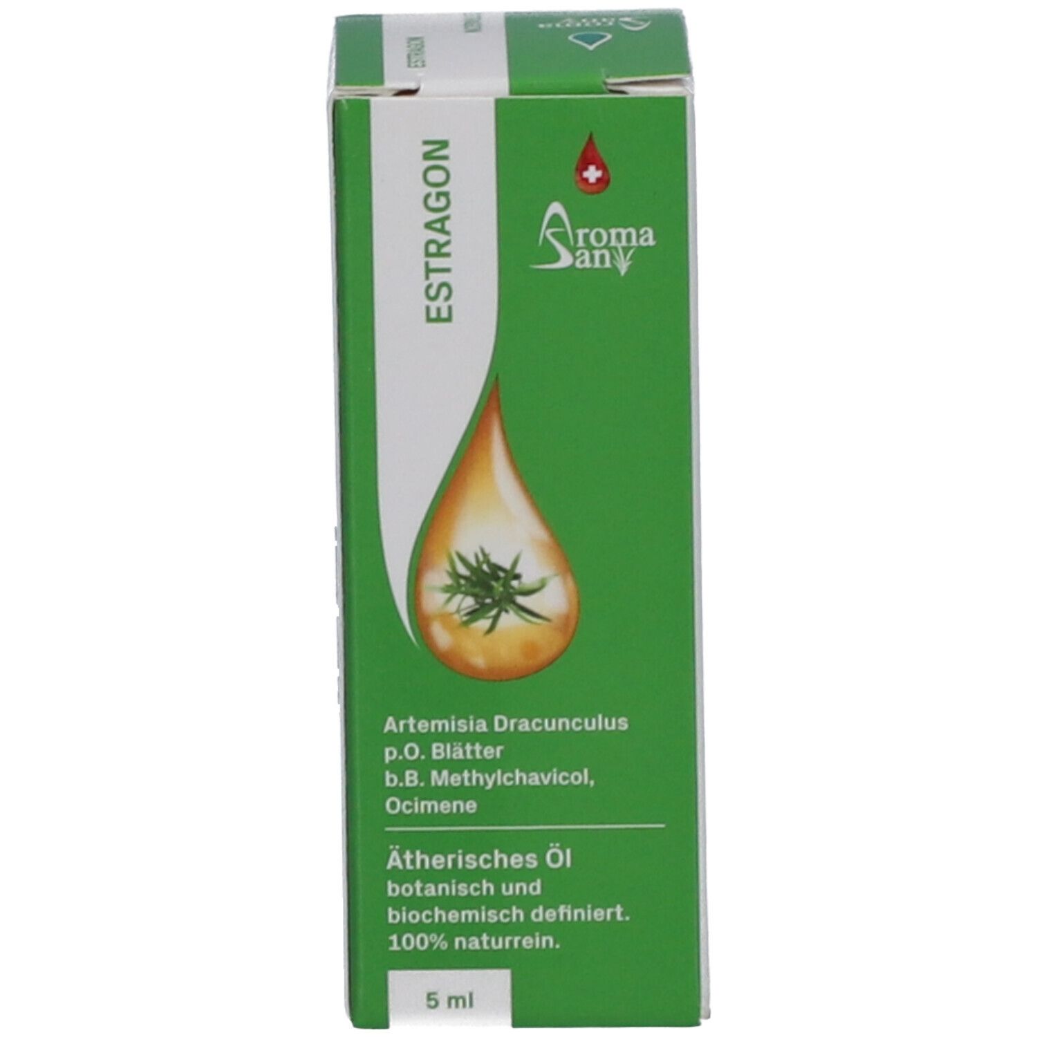 Bruine glazen fles met witte dop en groene doos. Op de doos: Estragon, 5 ml, AromaSan.