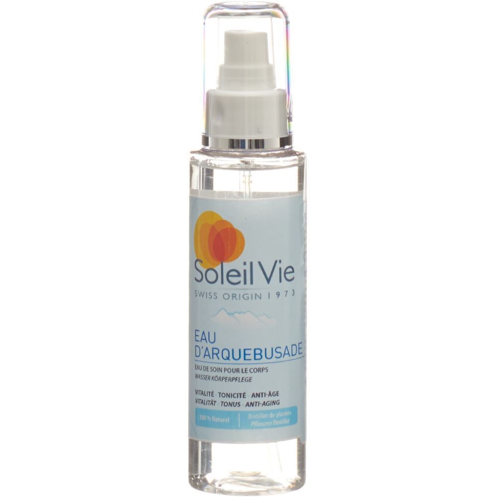 Klare Sprühflasche mit Produktetikett. Aufschrift: Soleil Vie, Eau d'Arquebusade. Vitalität, Tonus, Anti-Aging.