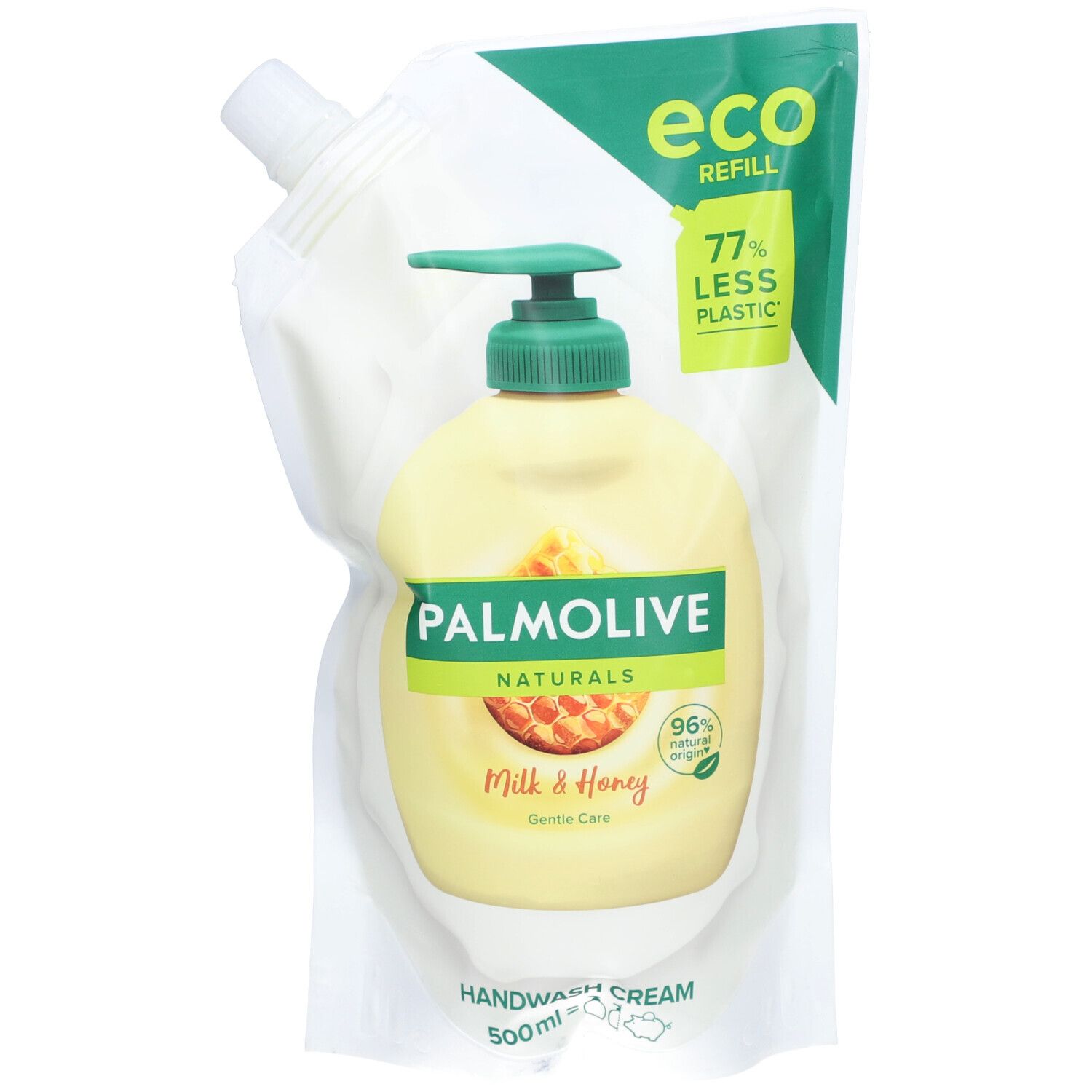 Nachfüllbeutel Palmolive Naturals. Grün-weißes Etikett mit Produktnamen, Honig-Abbildung und 96% natürlichen Ursprungs.