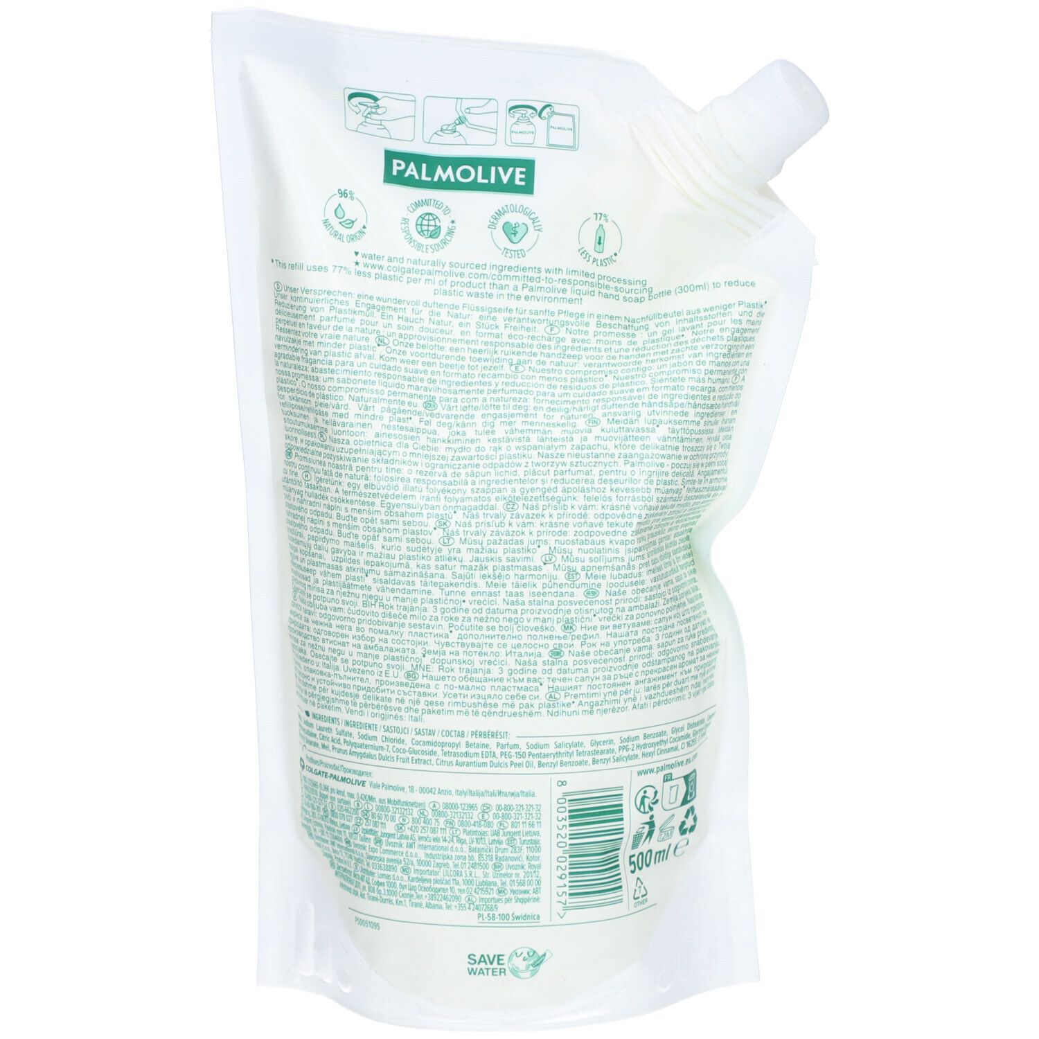 Rückseite des Palmolive Naturals Nachfüllbeutels. Text, grüne Logos und Recycling-Symbole auf weißem Hintergrund.