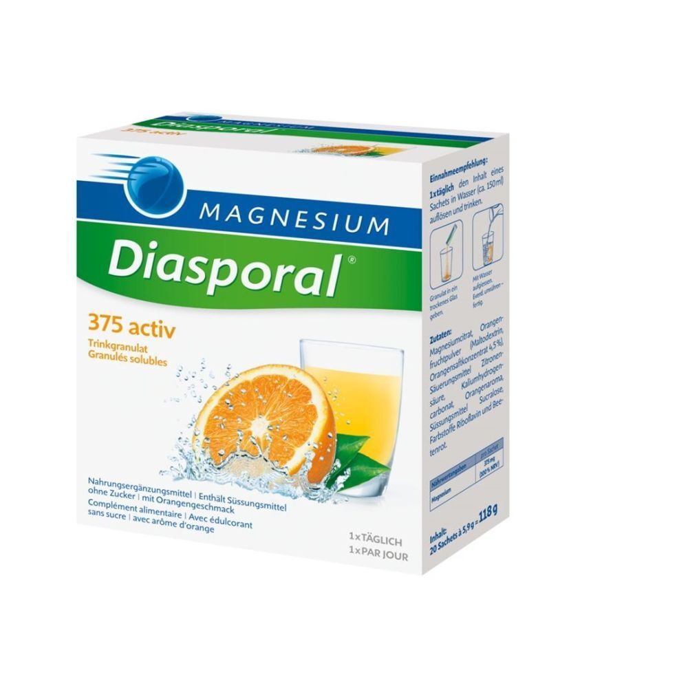 Boîte de MAGNESIUM Diasporal 375 activ. Image d'une orange et d'un verre de jus d'orange. Texte: Granulés solubles, sans sucre.