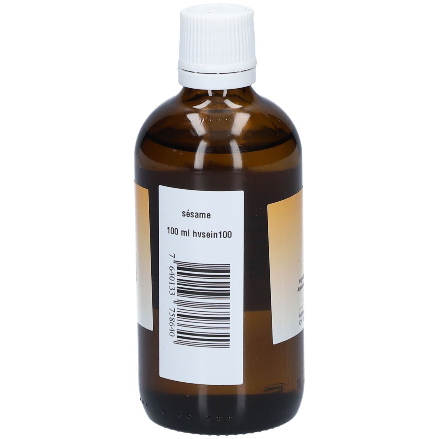 Braune Glasflasche mit weißem Verschluss. Etikett mit Barcode und Produktbezeichnung: Sesamöl. Volumen: 100 ml.