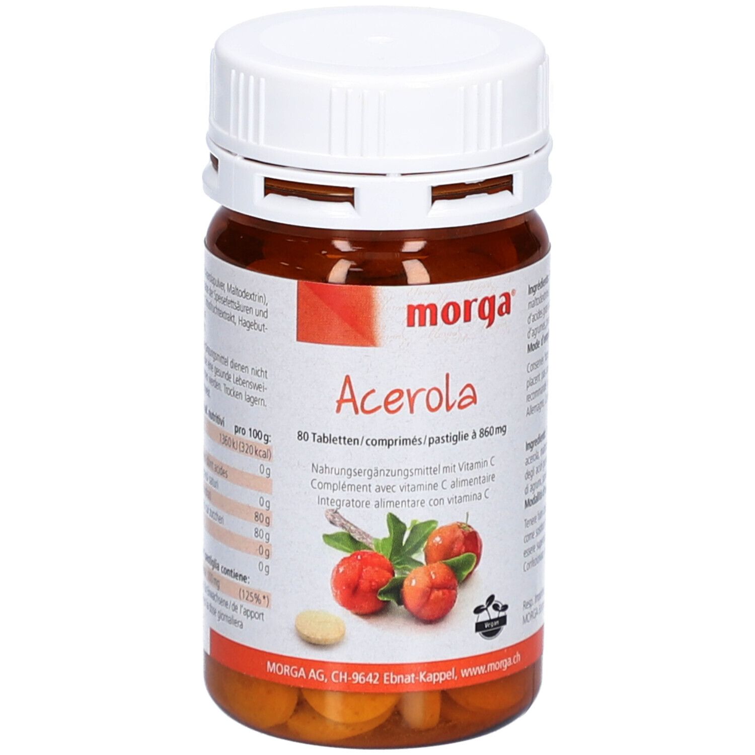 Braune Tablettenflasche mit weißem Deckel. Aufschrift: Morga Acerola. 80 Tabletten, Vitamin C.