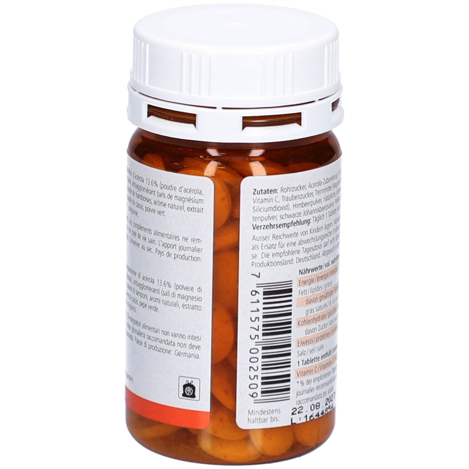 Tablettenflasche mit Tabletten. Braune Flasche, weißer Deckel. Tabletten in der Flasche sichtbar.