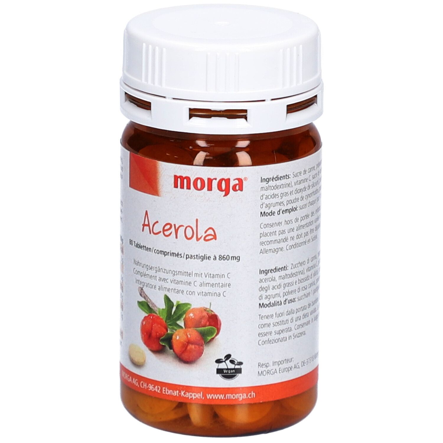 Braune Tablettenflasche mit weißem Deckel. Aufschrift: Morga Acerola. 80 Tabletten, Vitamin C.
