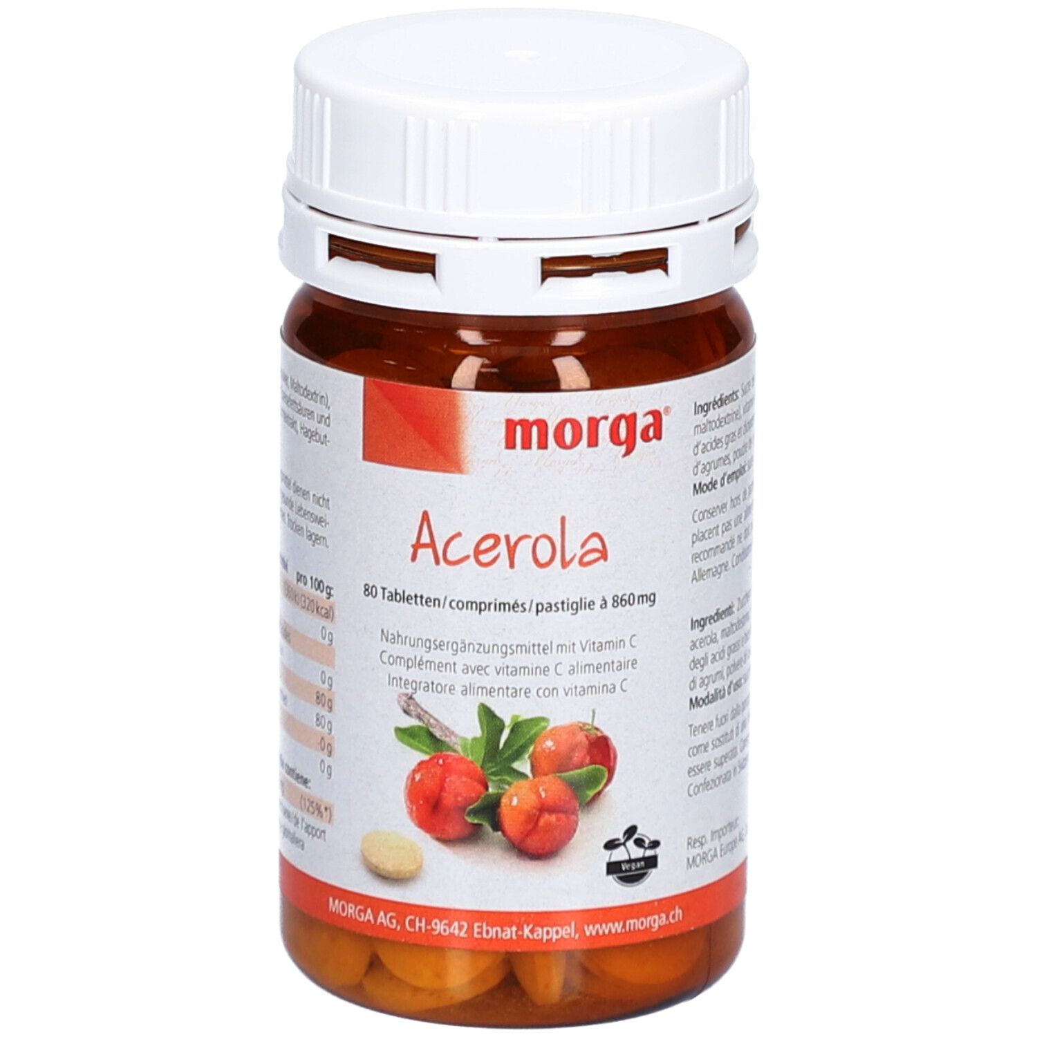 Braune Tablettenflasche mit weißem Deckel. Aufschrift: Morga Acerola. 80 Tabletten, Vitamin C.