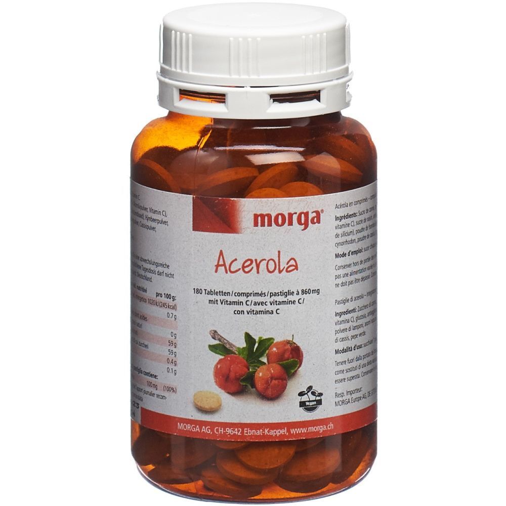 Braune Tabletten in einer braunen Plastikflasche mit weißem Deckel. Aufschrift: morga Acerola mit Vitamin C. 180 Tabletten.