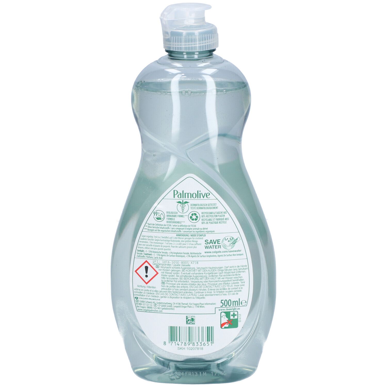 Rückseite der Spülmittelflasche. Etikett mit Informationen, Inhaltsstoffen und Recycling-Symbolen. 500ml.