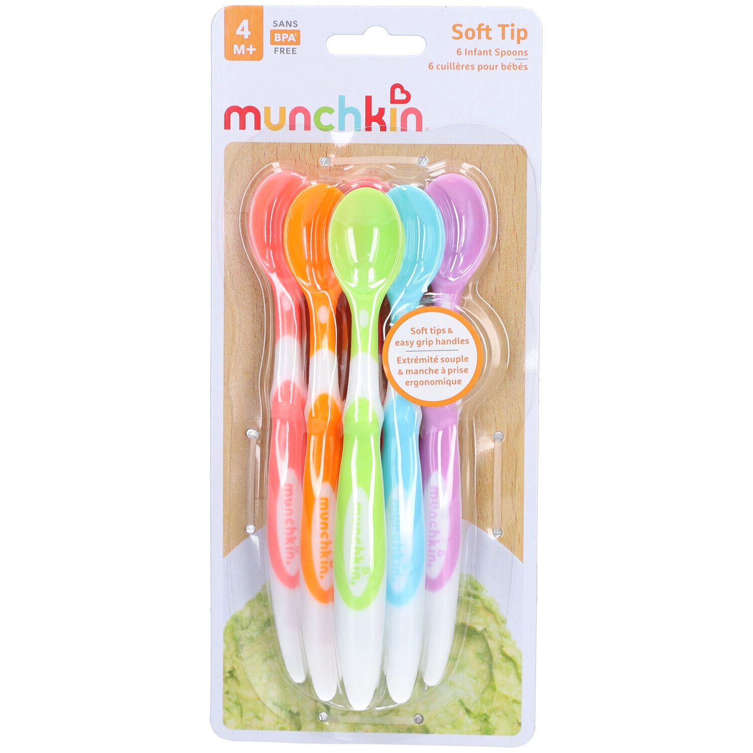 6 cuillères pour bébés, couleurs vives, embout souple, long manche. Marque: Munchkin. Sans BPA.