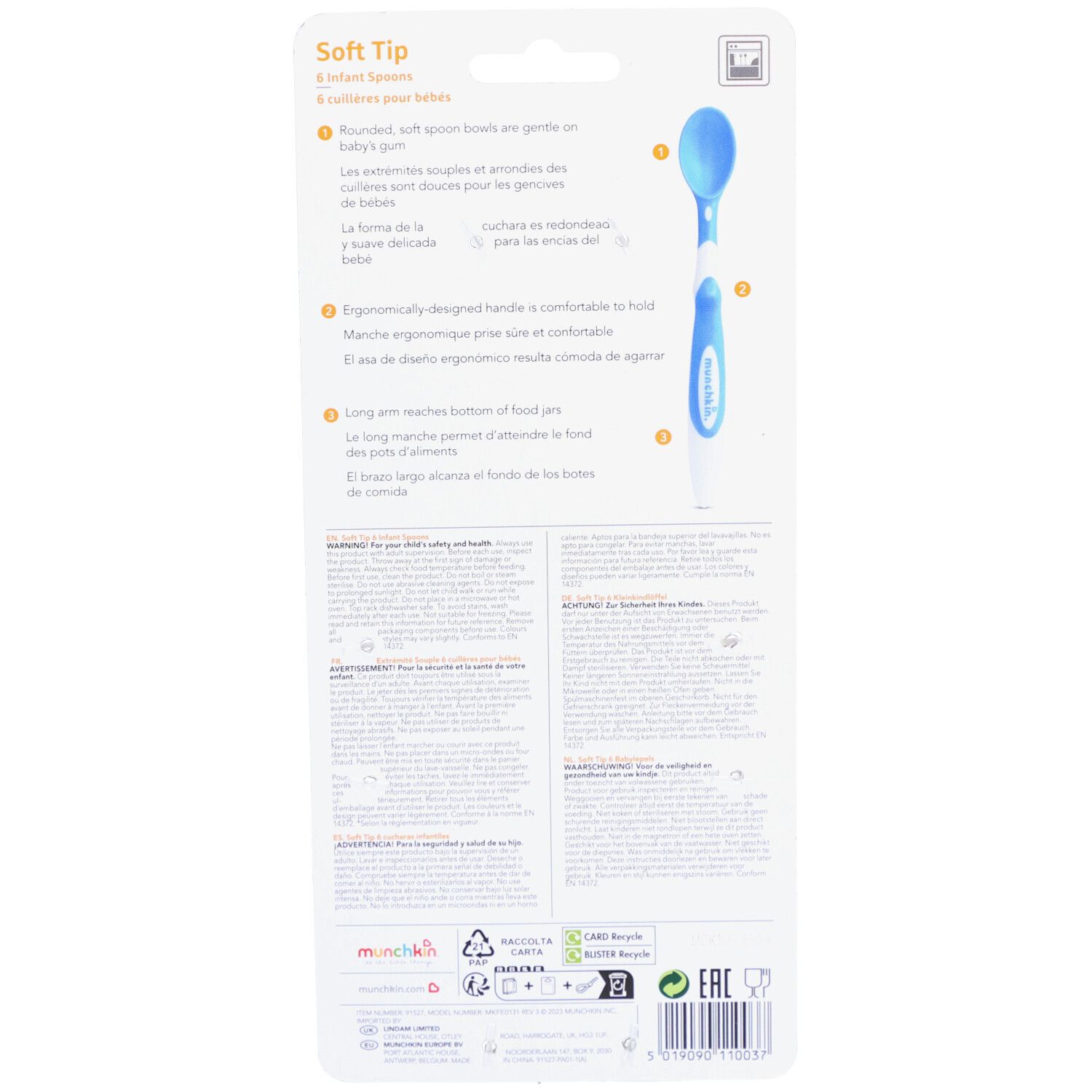 Dos de l'emballage avec informations produit et illustration d'une cuillère bleue pour bébé.
