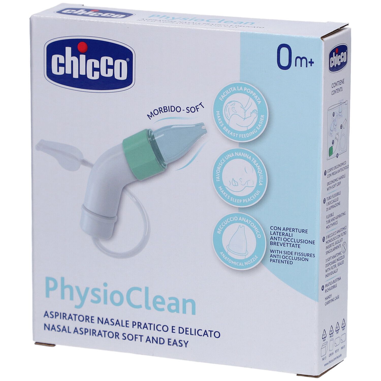 Boîte de l'aspirateur nasal PhysioClean de Chicco. Aspirateur blanc et vert. Âge recommandé : 0m+. Contient des illustrations.