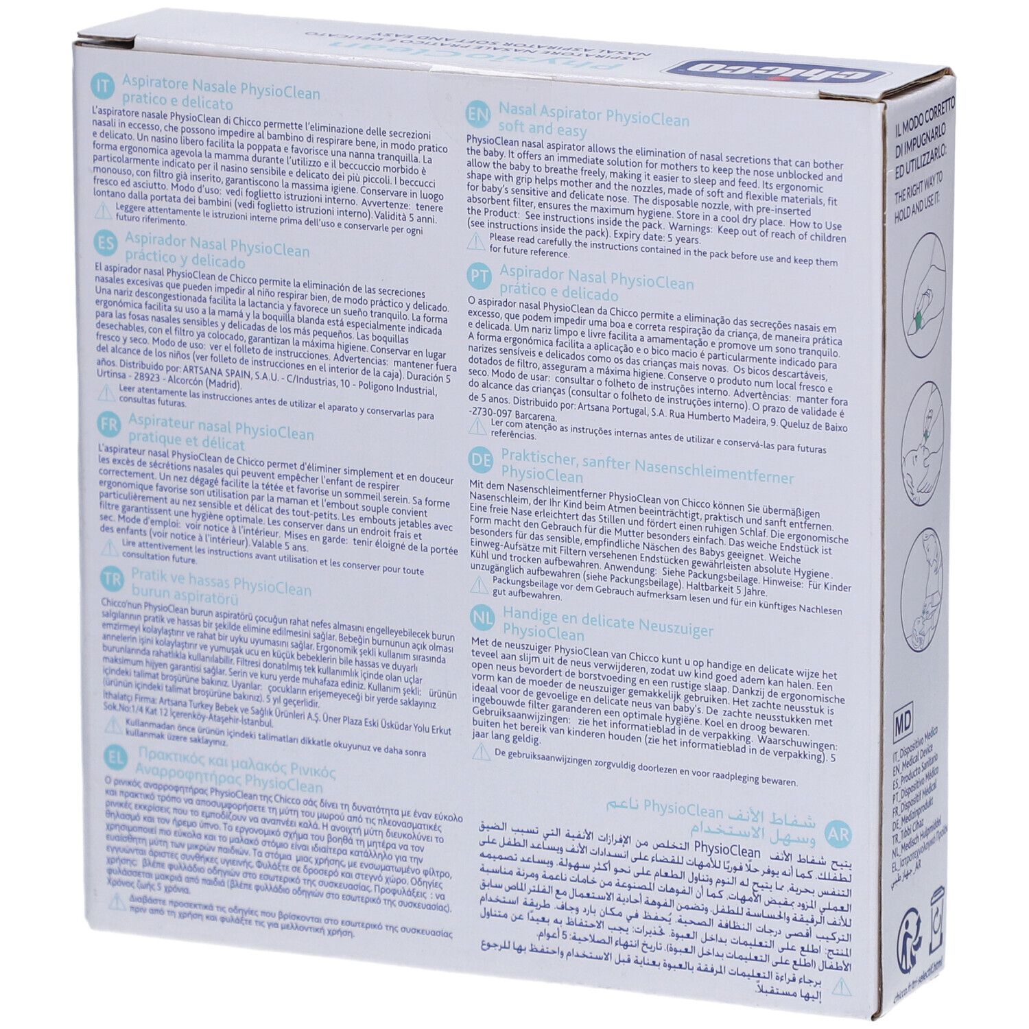 Dos de la boîte de l'aspirateur nasal PhysioClean de Chicco. Texte multilingue. Informations sur le produit.