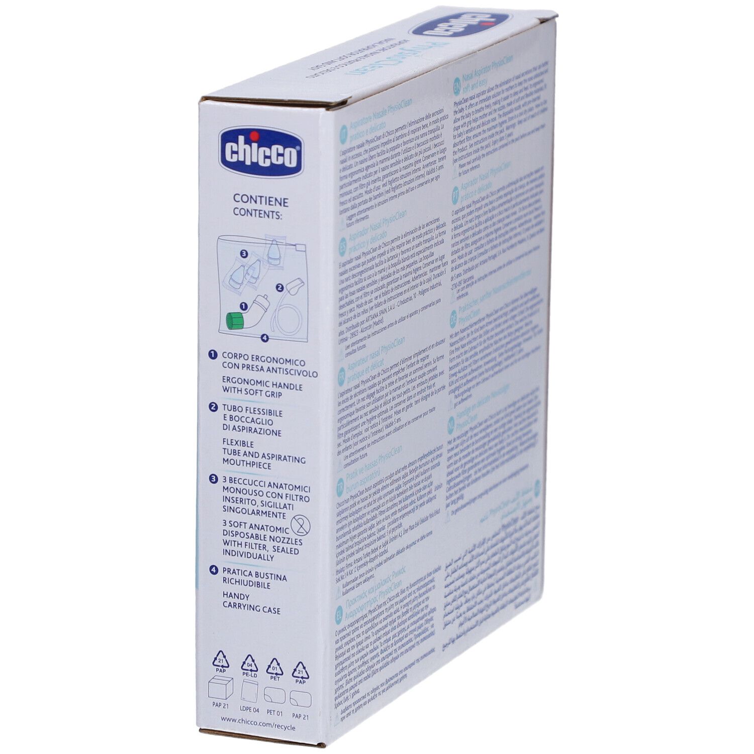 Côté de la boîte de l'aspirateur nasal PhysioClean de Chicco. Texte et illustrations. Informations sur le produit.