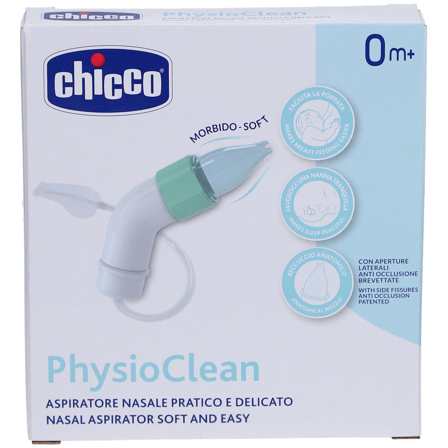 Boîte de l'aspirateur nasal PhysioClean de Chicco. Aspirateur blanc et vert. Âge recommandé : 0m+. Illustrations.