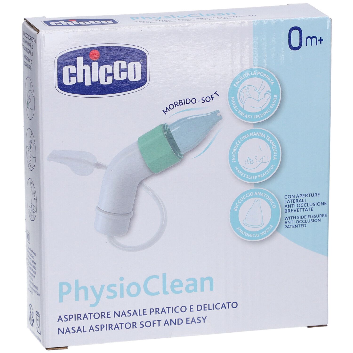 Boîte de l'aspirateur nasal PhysioClean de Chicco. Aspirateur blanc et vert. Âge recommandé : 0m+. Illustrations.