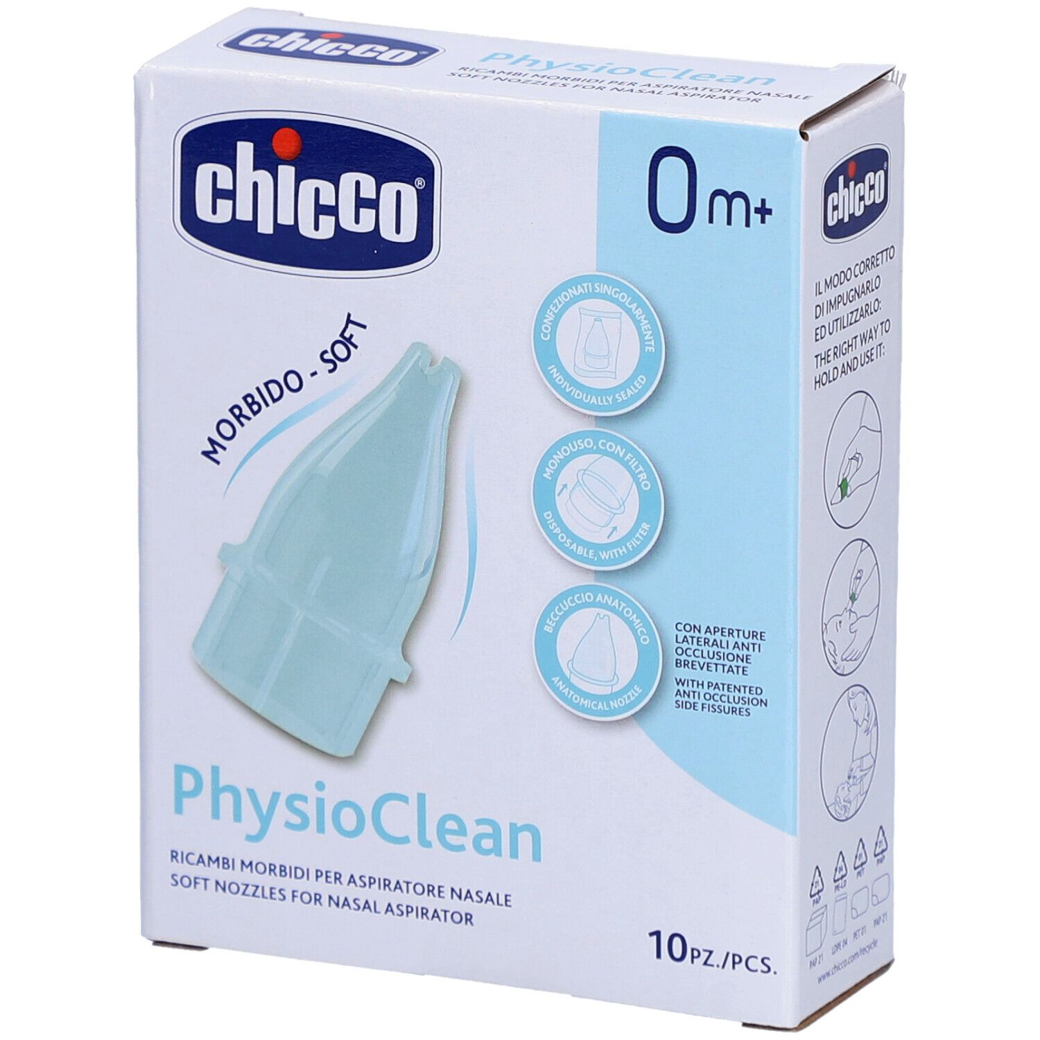 Boîte de recharges pour aspirateur nasal. Marque Chicco, modèle PhysioClean. 10 pièces. Embout bleu en forme.