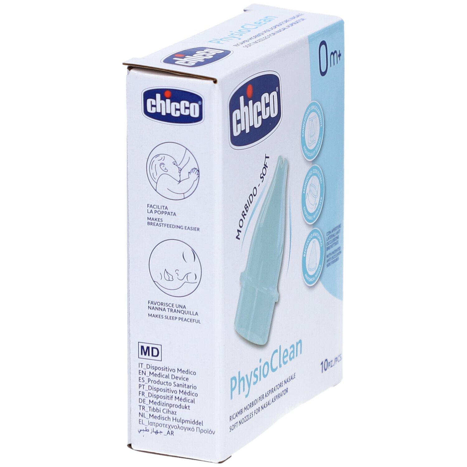 Boîte de recharges pour aspirateur nasal. Marque Chicco, PhysioClean. 0m+. Illustration d'un bébé.