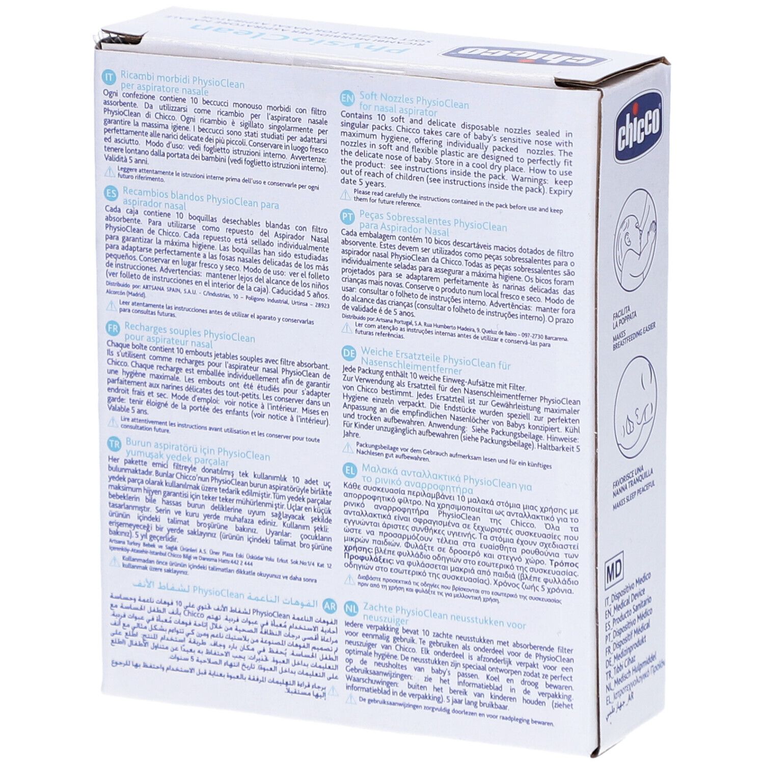 Dos de la boîte de recharges pour aspirateur nasal. Texte multilingue. Marque Chicco, PhysioClean.