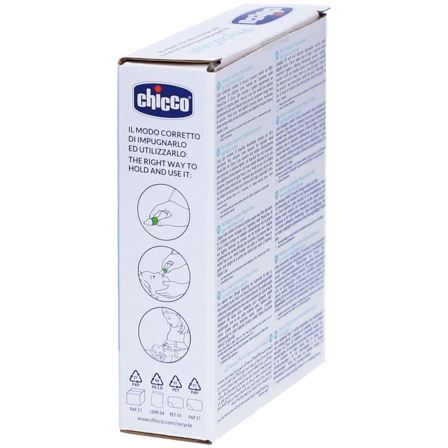 Côté de la boîte avec instructions. Marque Chicco. Illustrations d'utilisation.