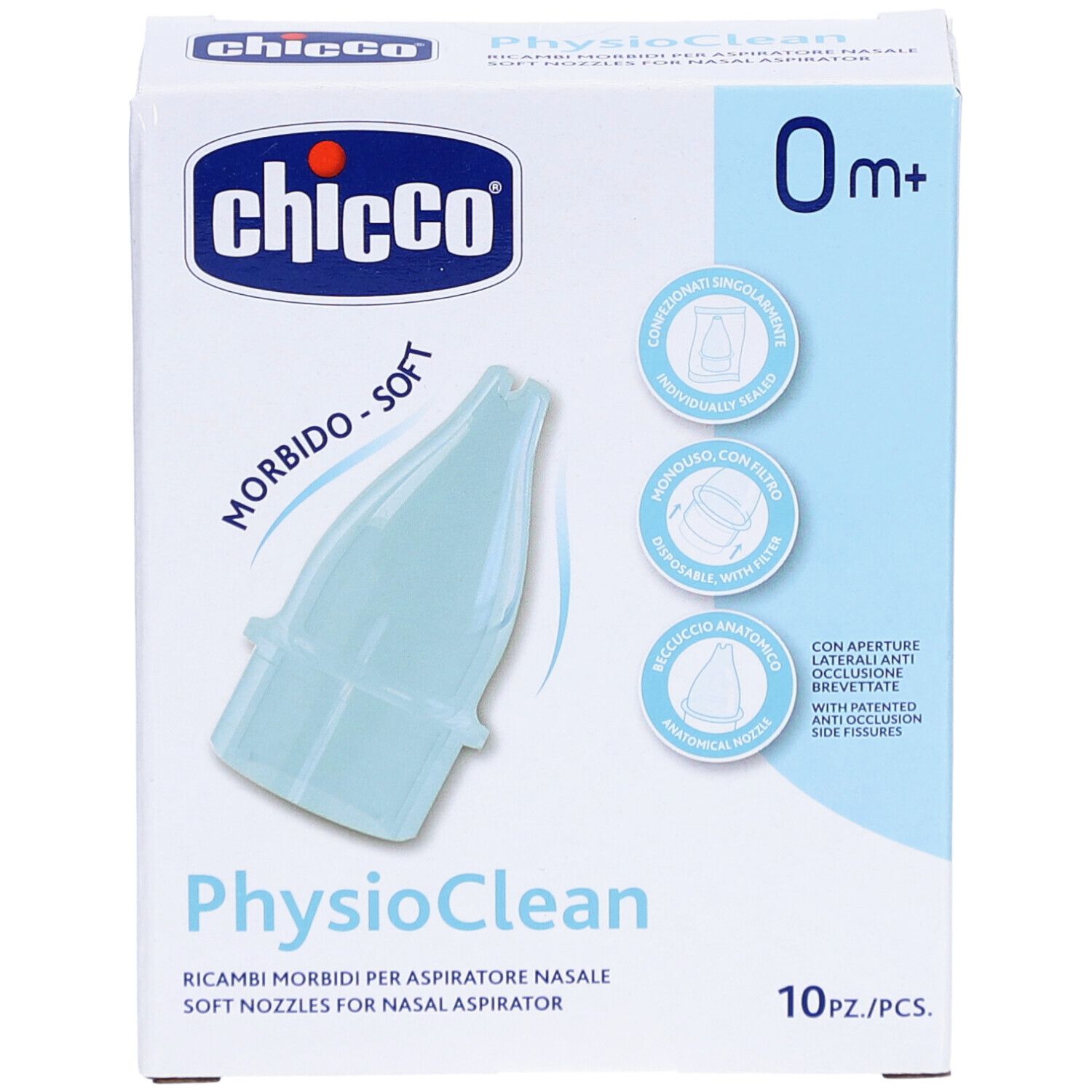 Boîte de recharges pour aspirateur nasal. Marque Chicco, modèle PhysioClean. 10 pièces. Embout bleu en forme.