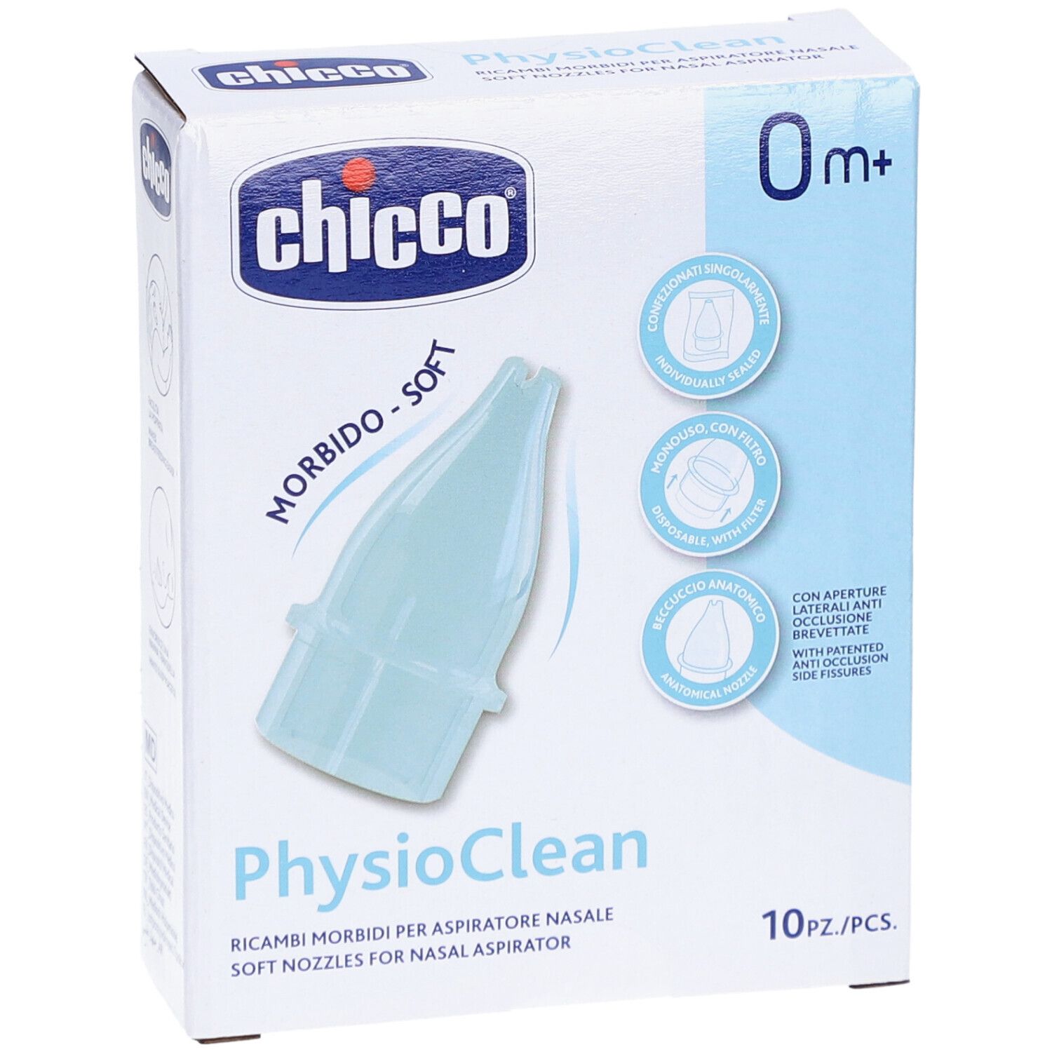 Boîte de recharges pour aspirateur nasal. Marque Chicco, modèle PhysioClean. 10 pièces. Embout bleu en forme.