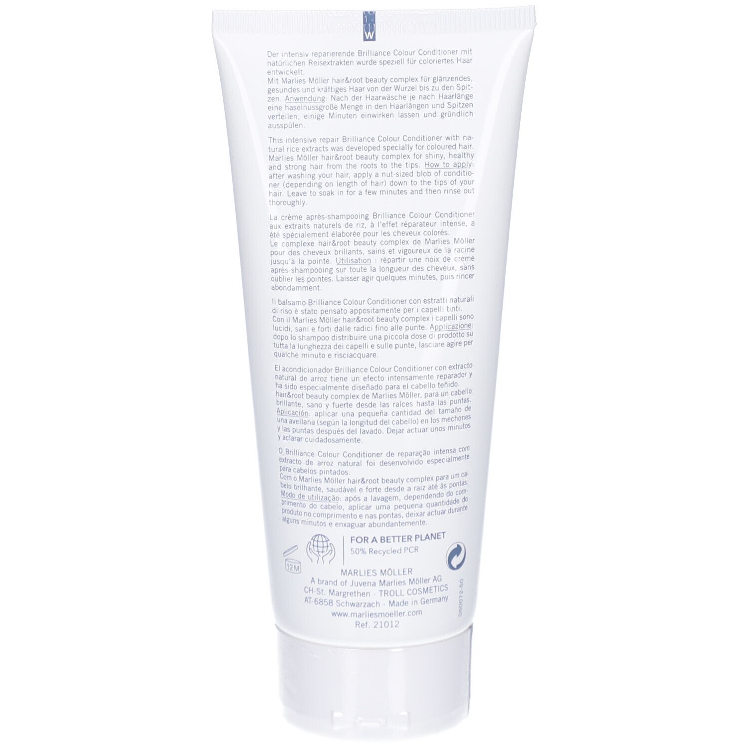 Rückseite der Tube. Marlies Möller. Colour Brilliance Conditioner. Text in mehreren Sprachen.