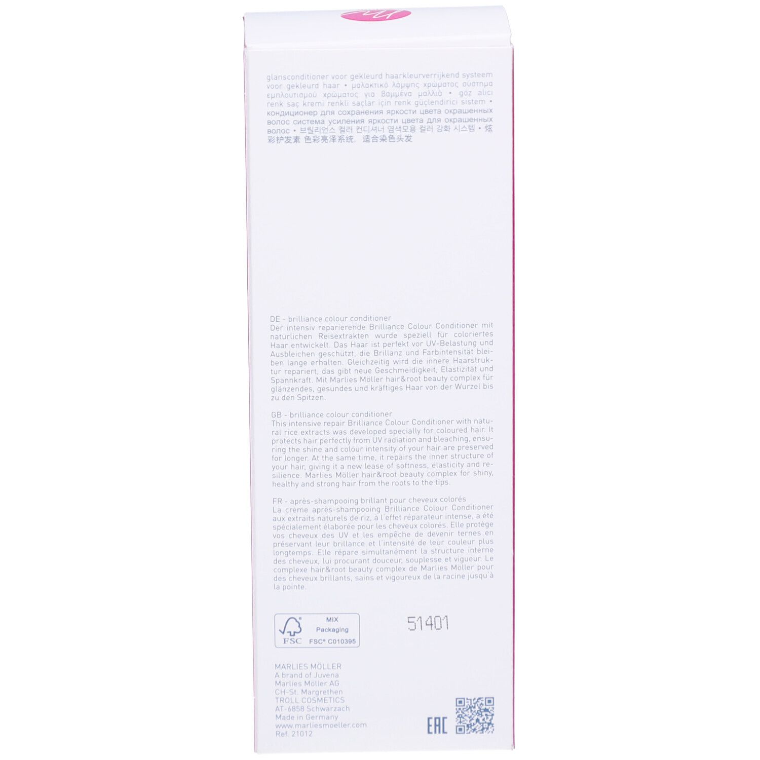 Karton. Marlies Möller. Colour Brilliance Conditioner. Rosa Logo.