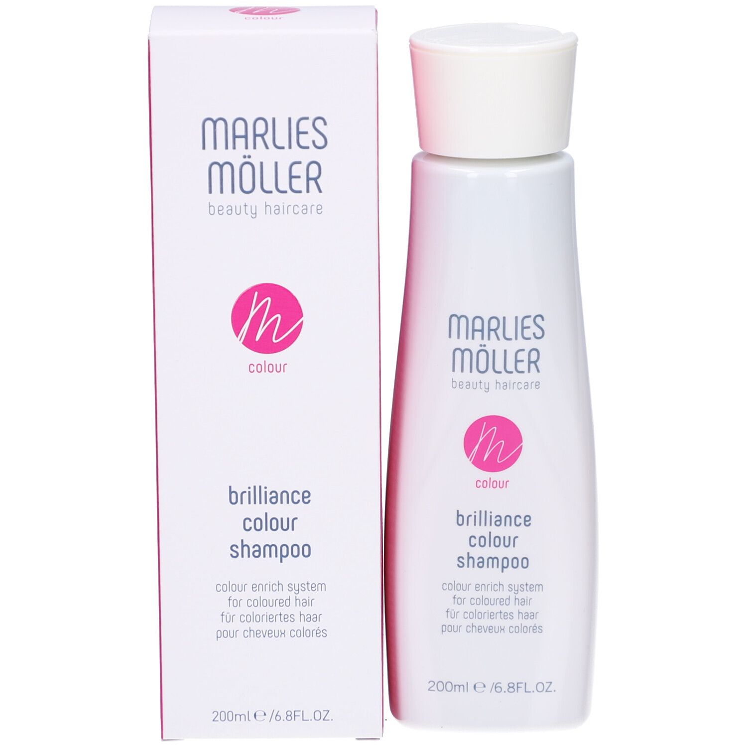 Marlies Möller Shampoo mit Verpackung. Für coloriertes Haar. Rosa Logo.