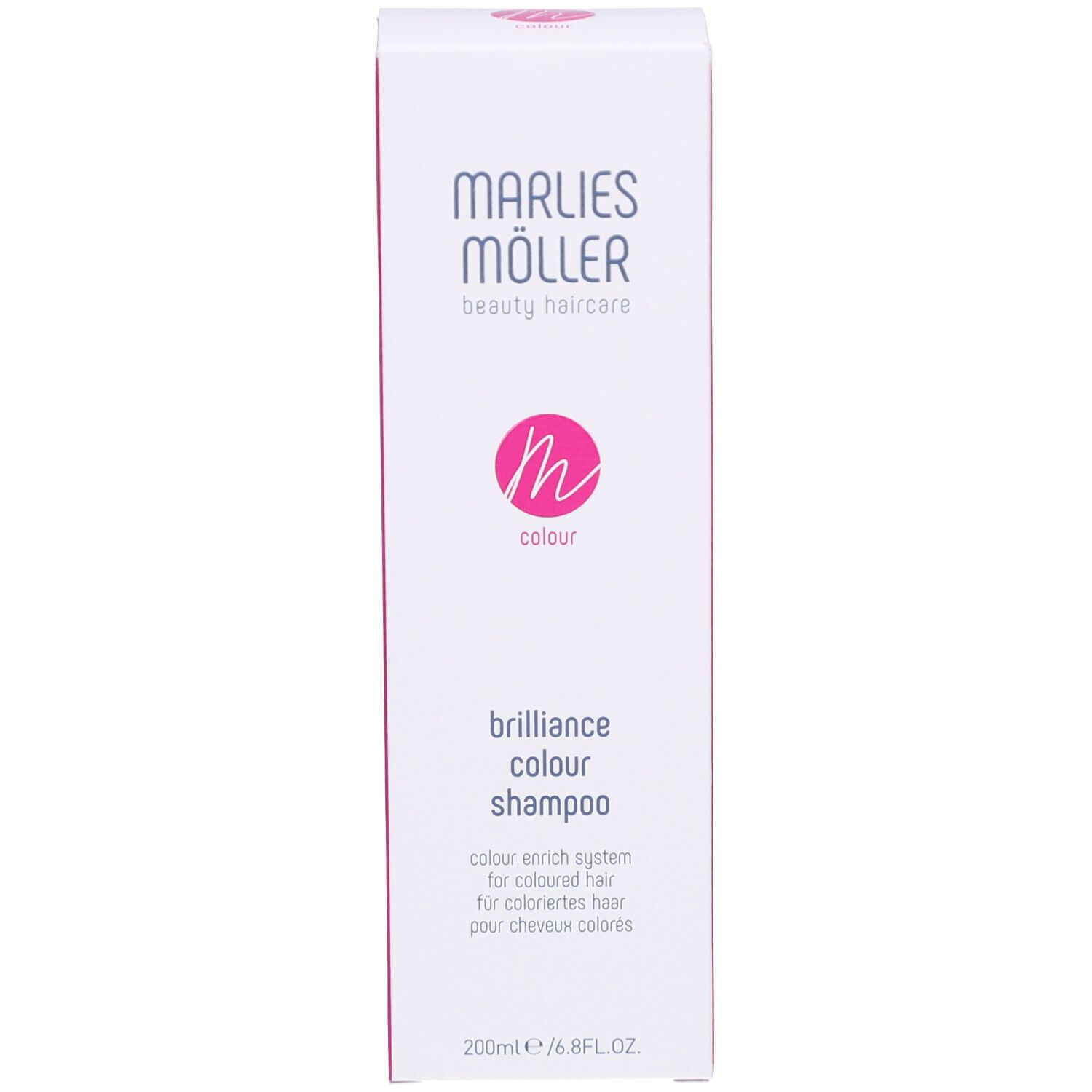 Verpackung Marlies Möller Shampoo. Für coloriertes Haar. Rosa Logo.