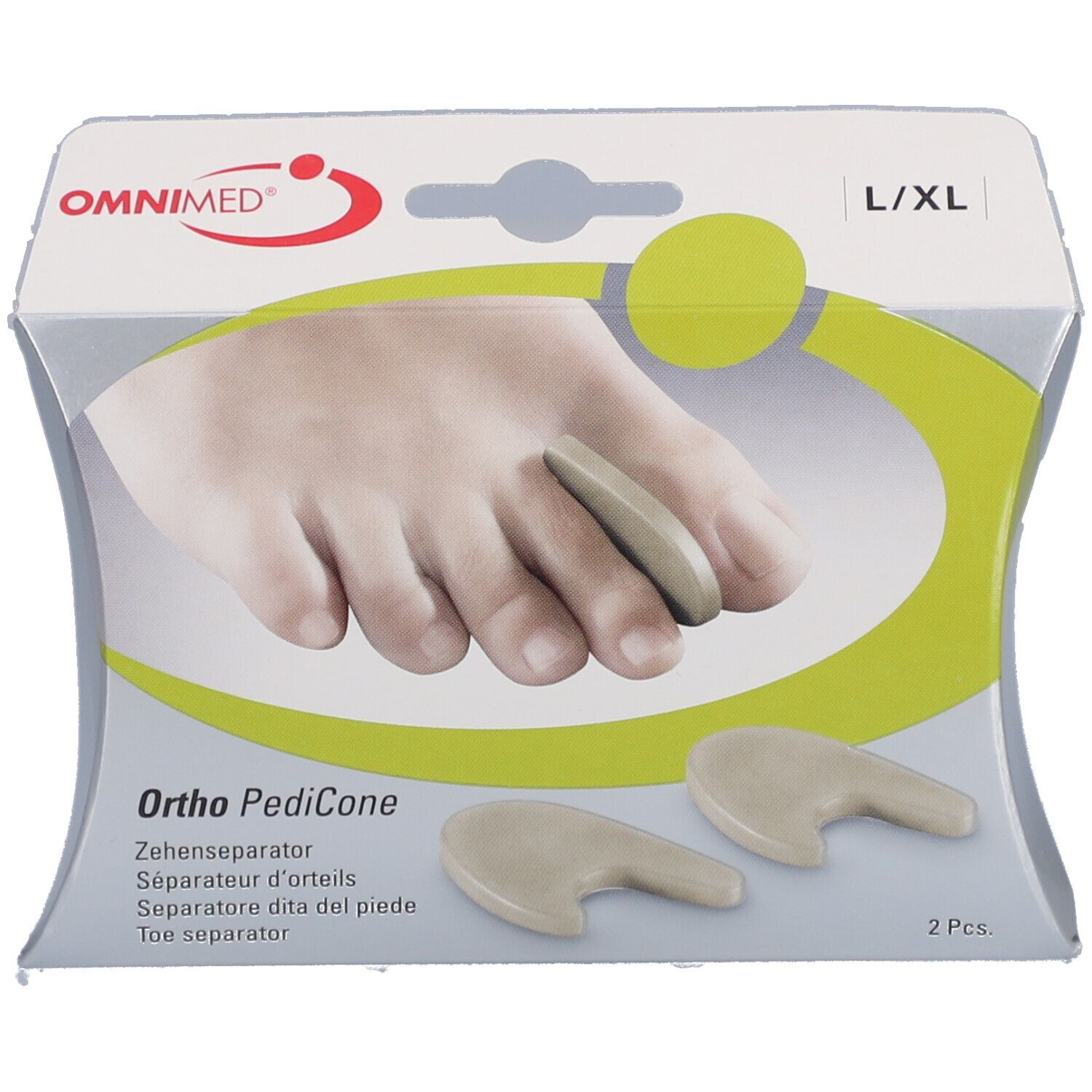 Verpackung mit zwei Zehenseparatoren L/XL. OMNIMED® Ortho PediCone. Graue Silikon-Zehenspreizer. 2 Stück.