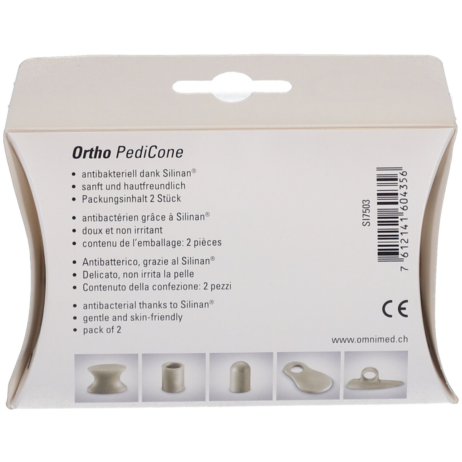 Rückseite der Verpackung. OMNIMED® Ortho PediCone. Antibakteriell. Packungsinhalt: 2 Stück. CE-Zeichen.