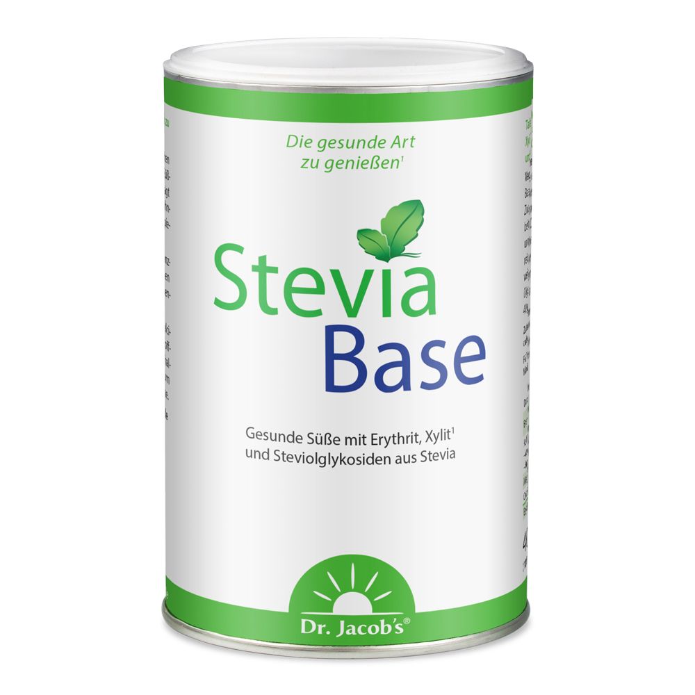 Zylinderdose mit grün-weißem Etikett. Aufschrift: Stevia Base. Marke: Dr. Jacob's.