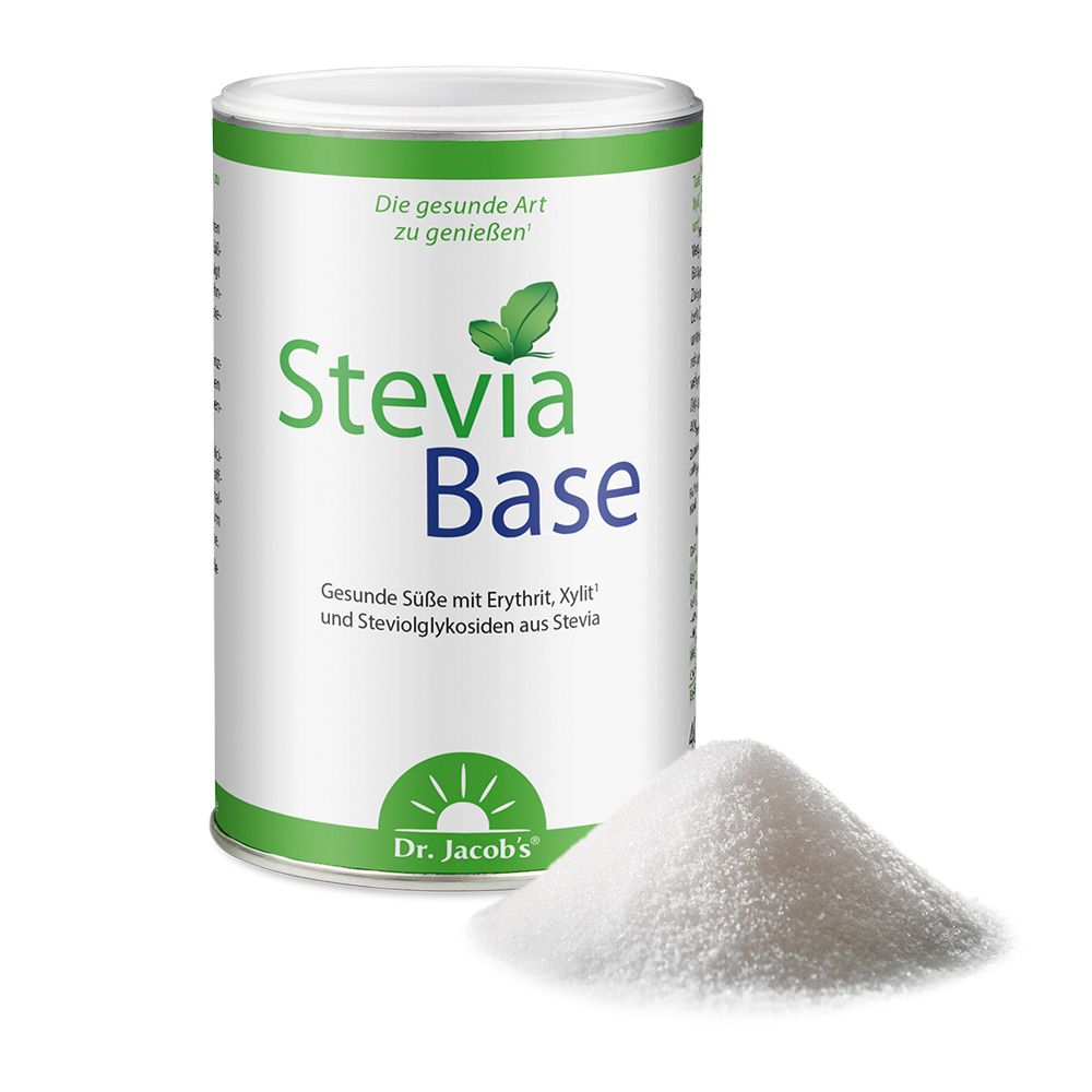Zylinderdose mit grün-weißem Etikett und Haufen weißen Pulvers daneben. Aufschrift: Stevia Base.