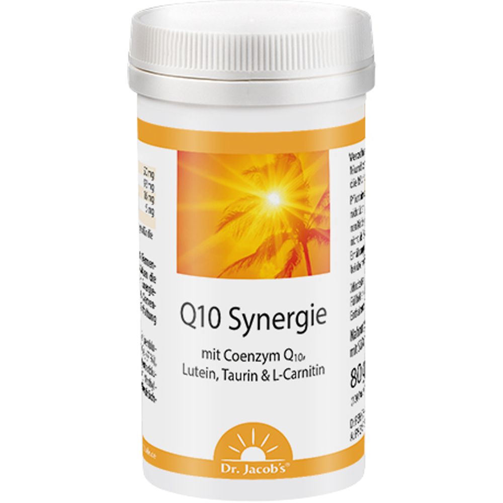 Boîte blanche avec étiquette jaune. Inscription : Q10 Synergie, Coenzyme Q10, Lutéine, Taurine & L-Carnitine. Marque : Dr. Jacob's.