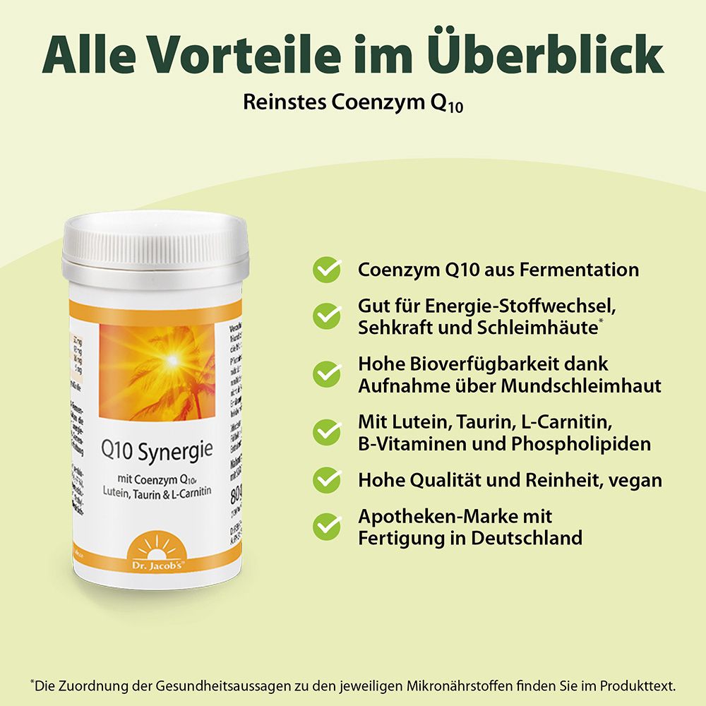 Boîte avec étiquette jaune. Texte : Aperçu des avantages, Coenzyme Q10, Lutéine, Taurine, L-Carnitine. Marque : Dr. Jacob's. Points verts.