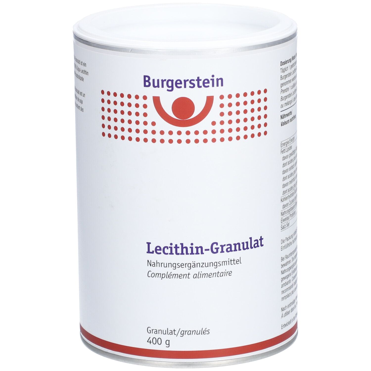Weißes, zylindrisches Behältnis mit Deckel. Aufschrift: Burgerstein, Lecithin-Granulat. Roter Kreis-Design. 400 g.