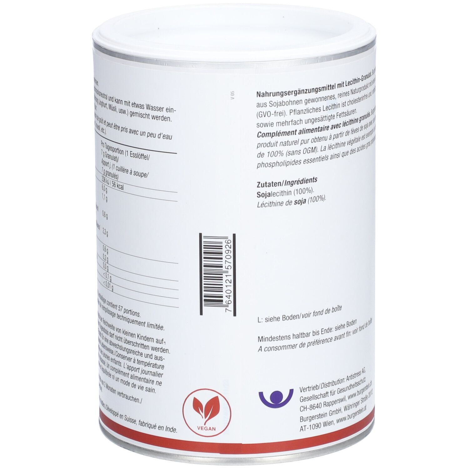 Weißes Behältnis mit Text und Barcode. Aufschrift: Vegan. Zutaten: Sojalecithin. Herstellerinformationen. Rückseite.