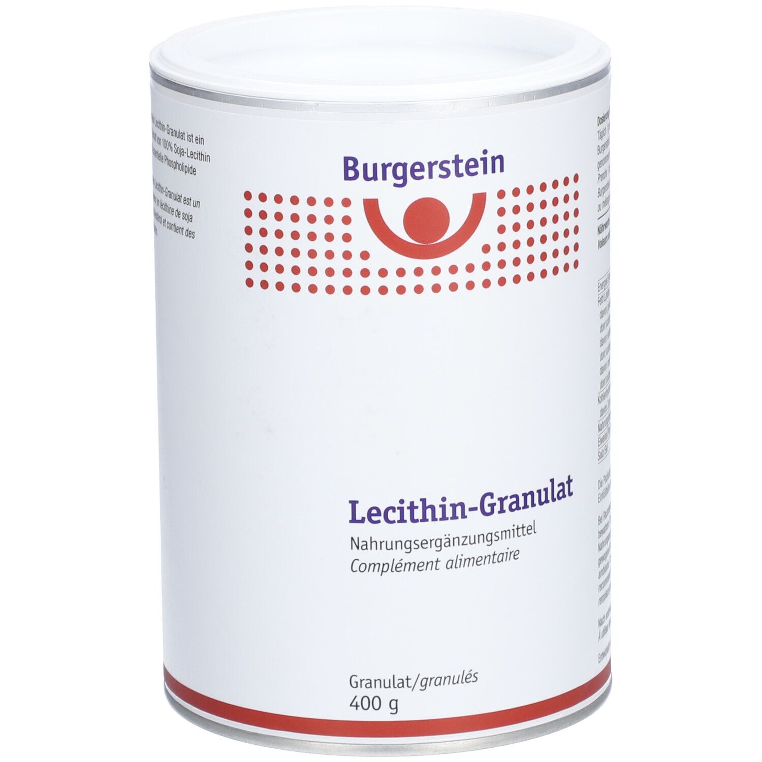 Weißes, zylindrisches Behältnis mit Deckel. Aufschrift: Burgerstein, Lecithin-Granulat. Roter Kreis-Design. 400 g.