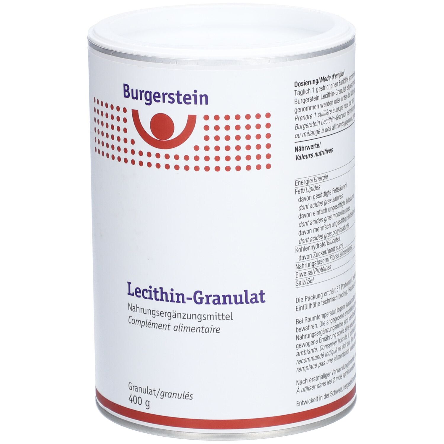 Weißes, zylindrisches Behältnis mit Deckel. Aufschrift: Burgerstein, Lecithin-Granulat. Roter Kreis-Design. 400 g. Nährwertangaben.