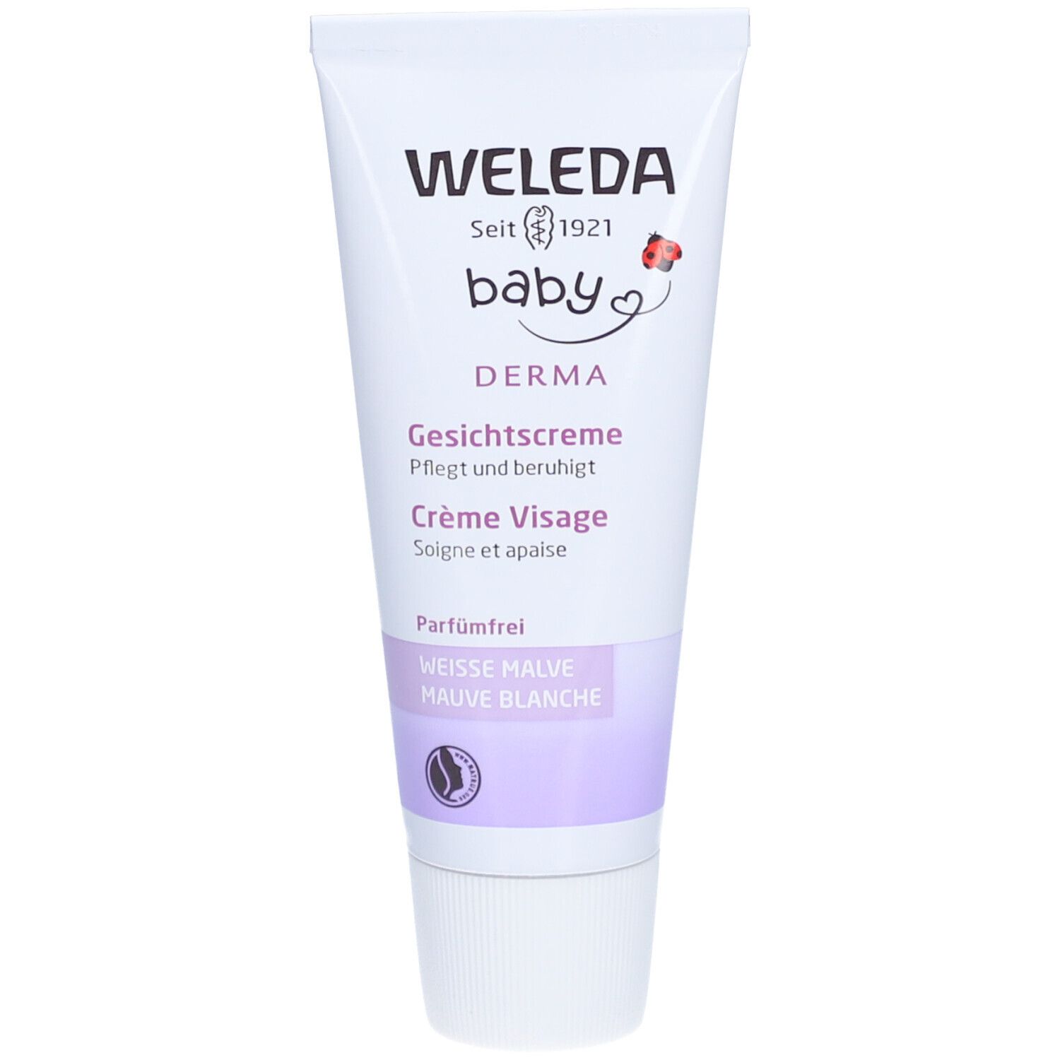 Weleda Baby Gesichtscreme. Tube mit weißer Malve. Enthält Text in Deutsch und Französisch. Parfümfrei.