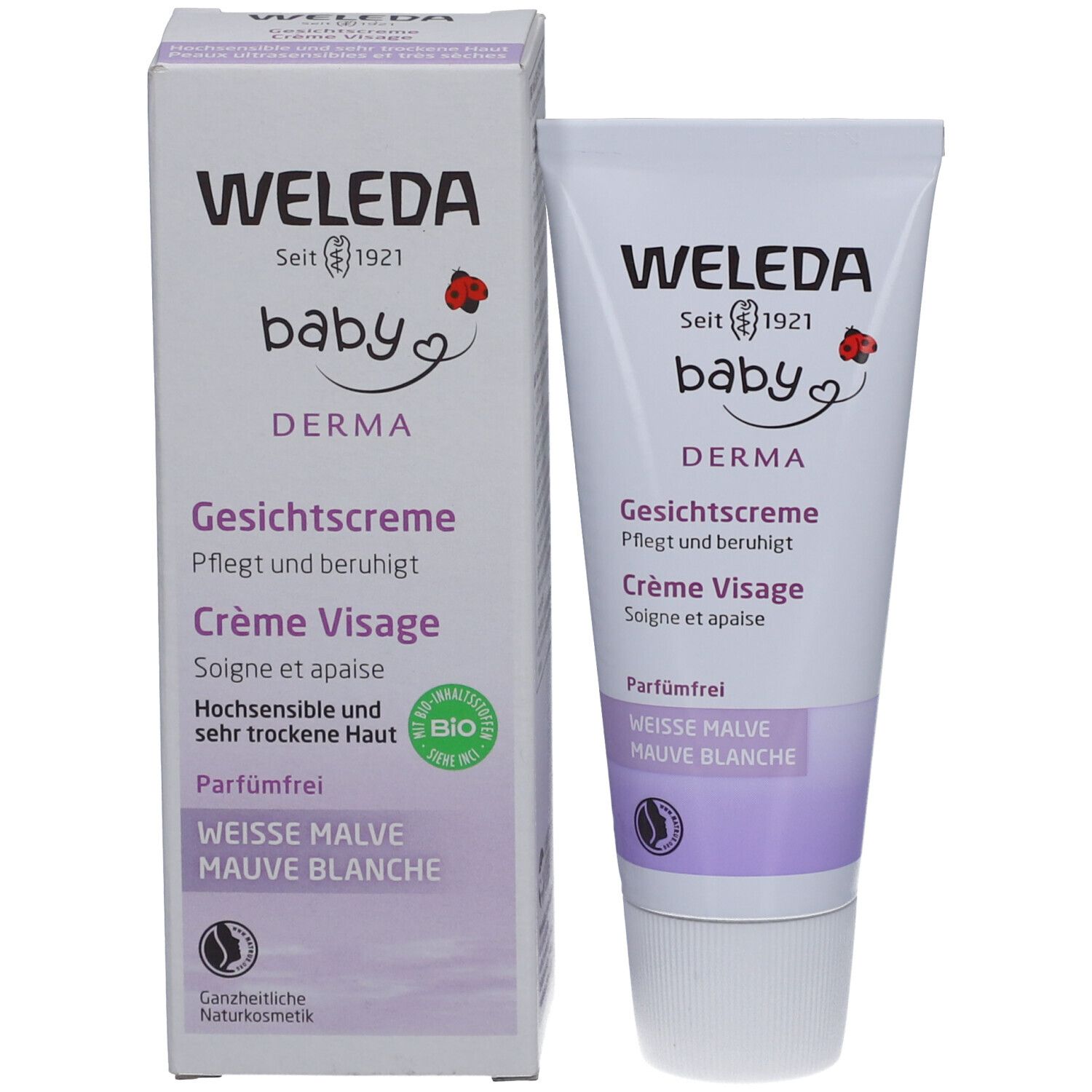 Weleda Baby Gesichtscreme mit weißer Malve. Tube und Schachtel. Text in Deutsch und Französisch. Bio-Siegel.