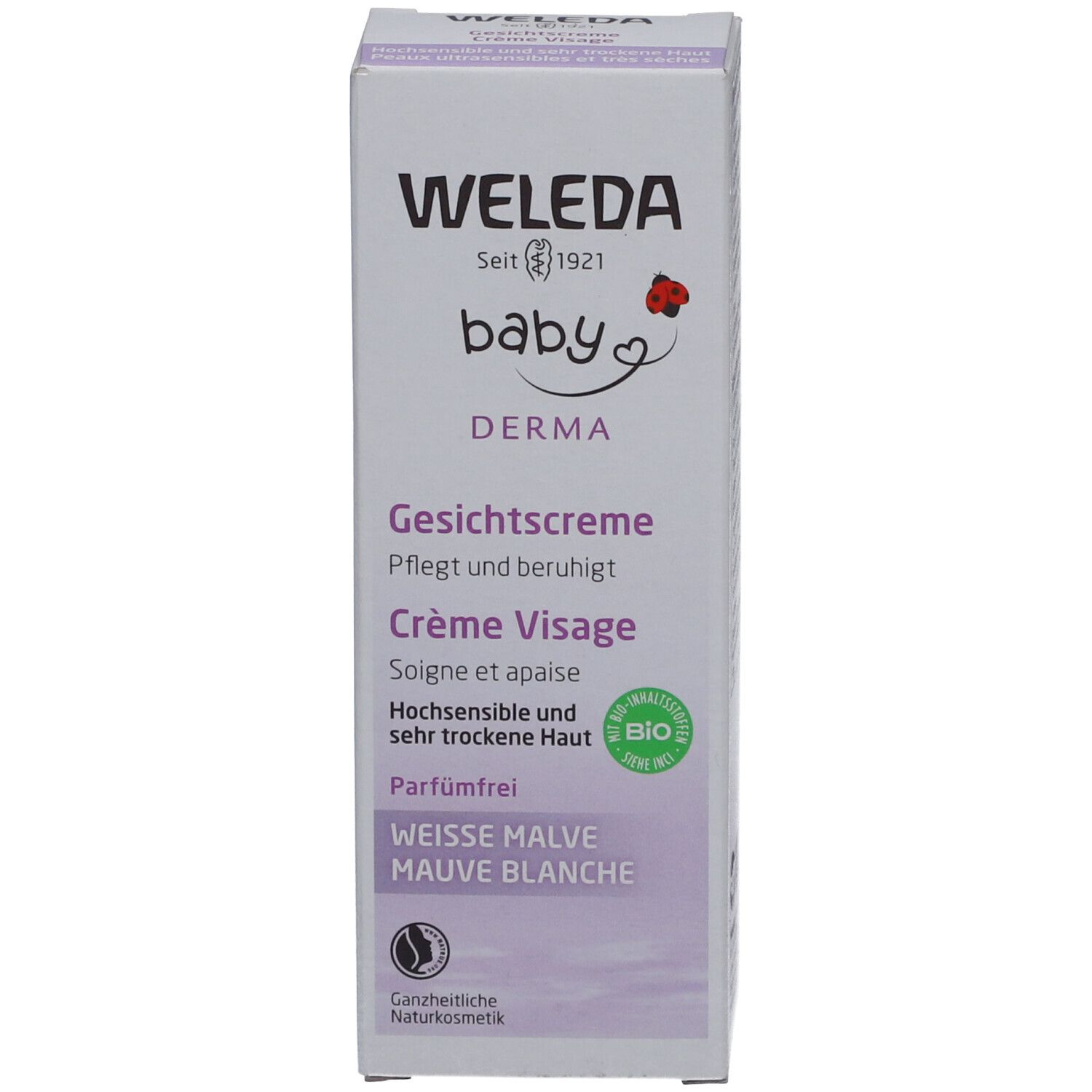 Schachtel der Weleda Baby Gesichtscreme mit weißer Malve. Text in Deutsch und Französisch. Bio-Siegel.
