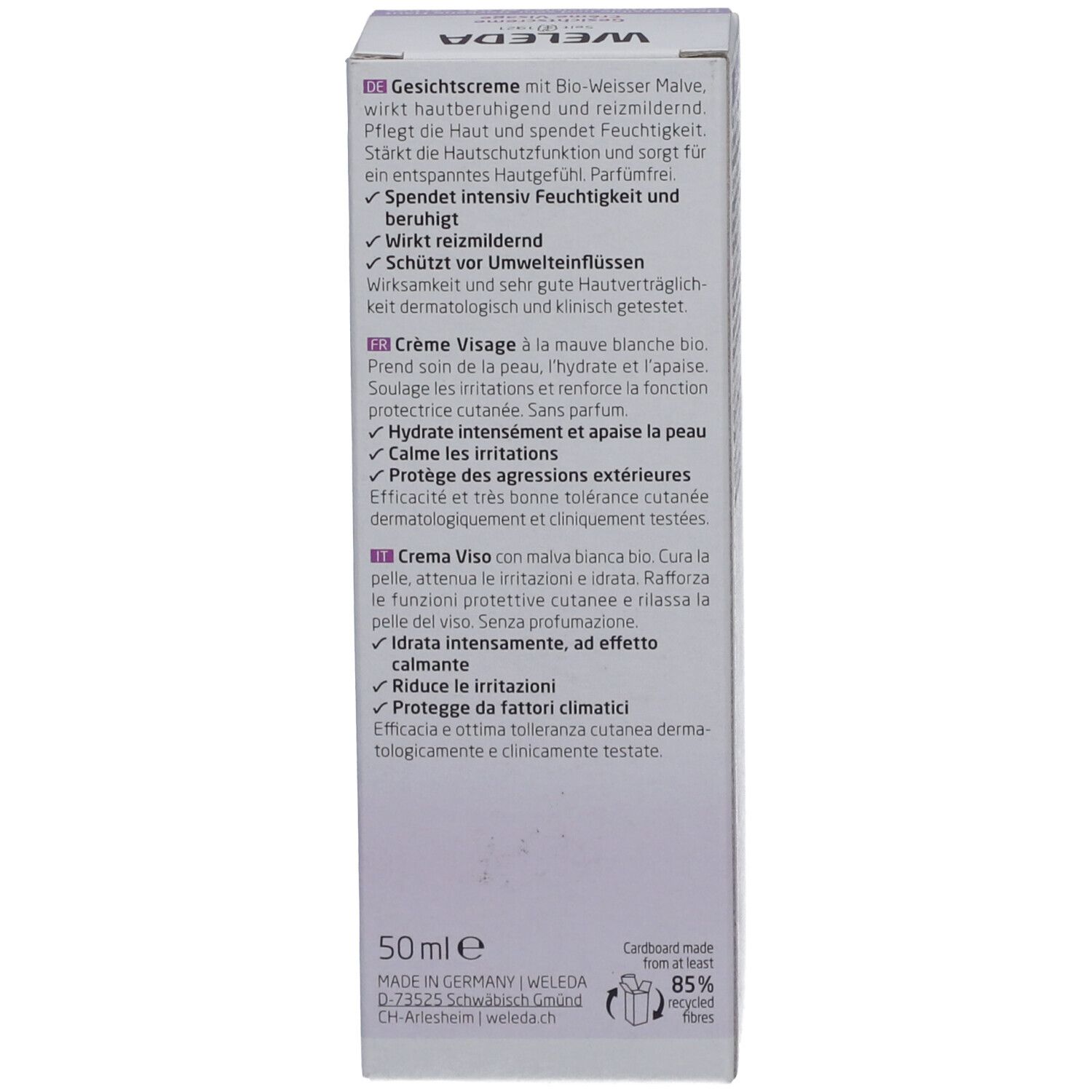 Rückseite der Schachtel der Weleda Baby Gesichtscreme. Text in Deutsch, Französisch und Italienisch. 50 ml.