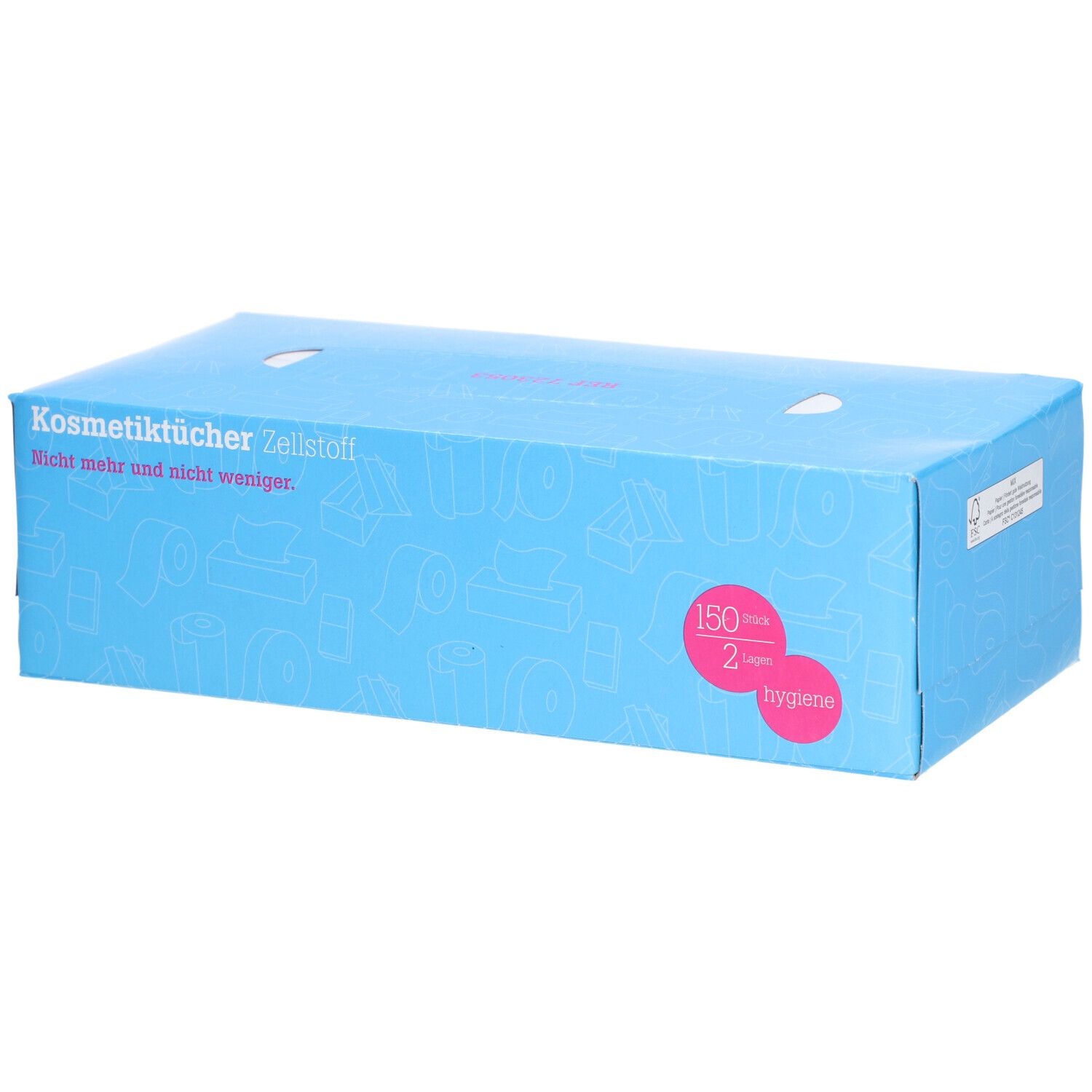 Blauer Karton mit Kosmetiktüchern. Aufschrift: Kosmetiktücher Zellstoff. 150 Stück, 2-lagig. Hygiene-Label.