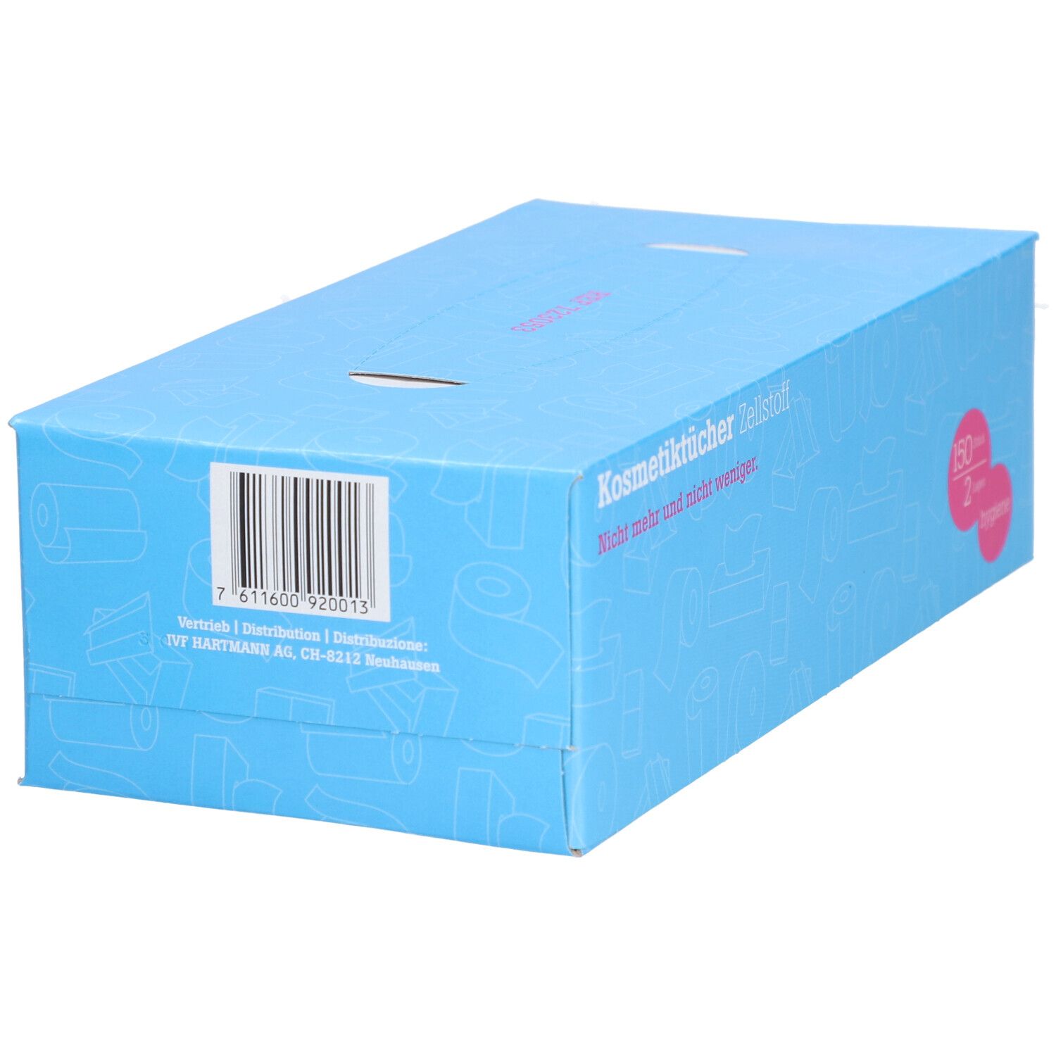 Blauer Karton mit Kosmetiktüchern. Barcode und Aufschrift: Kosmetiktücher Zellstoff. 150 Stück, 2-lagig. Hygiene-Label.