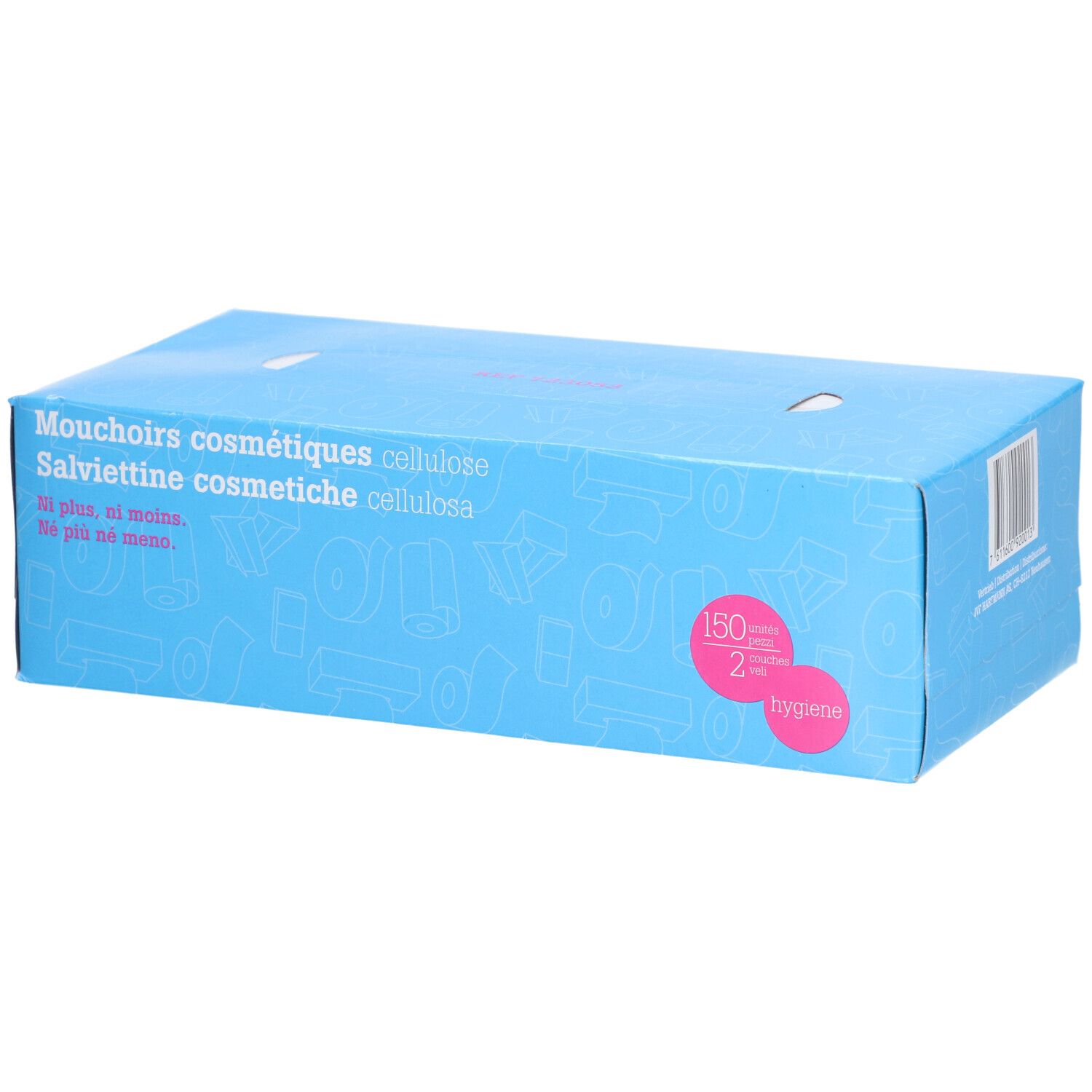 Blauer Karton mit Kosmetiktüchern. Aufschrift: Mouchoirs cosmétiques cellulose. 150 Stück, 2-lagig. Hygiene-Label.