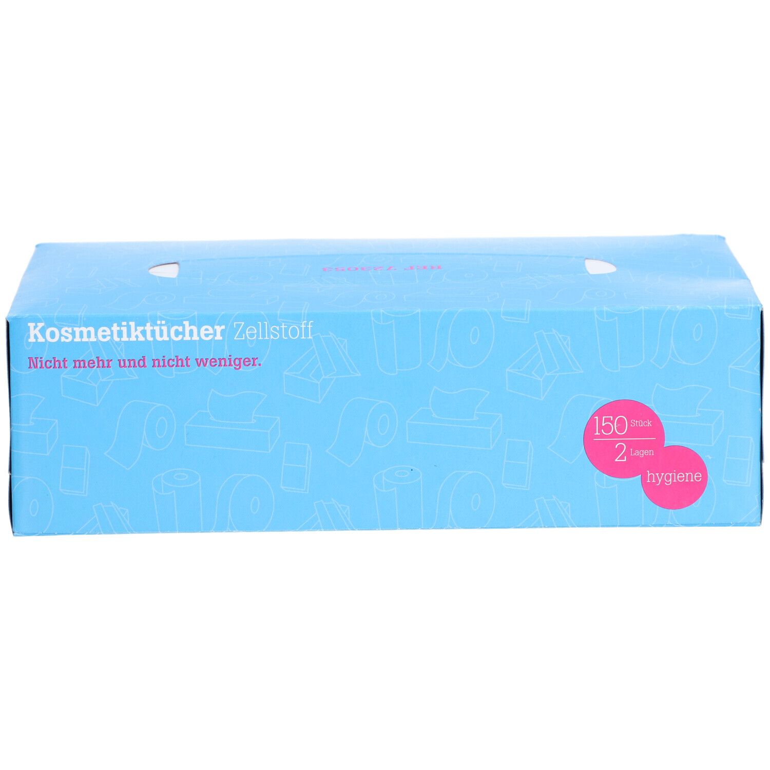 Blauer Karton mit Kosmetiktüchern. Aufschrift: Kosmetiktücher Zellstoff. 150 Stück, 2-lagig. Hygiene-Label.