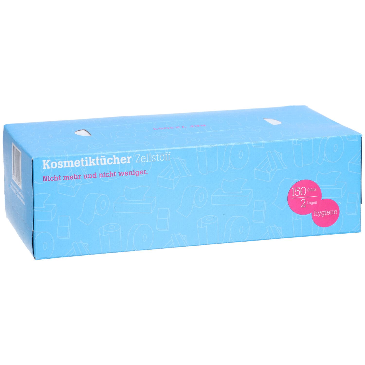 Blauer Karton mit Kosmetiktüchern. Aufschrift: Kosmetiktücher Zellstoff. 150 Stück, 2-lagig. Hygiene-Label.