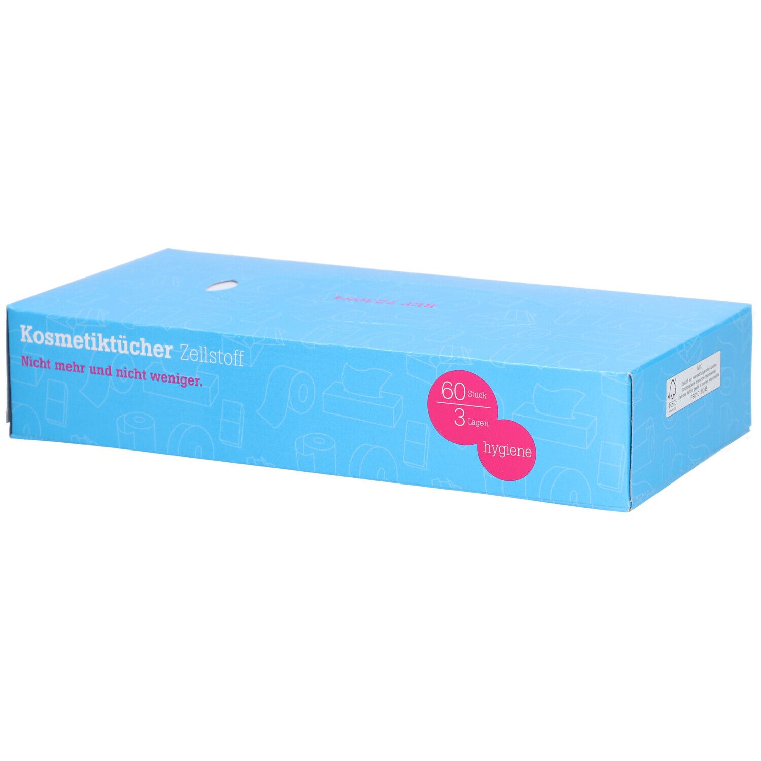Blaue Kartonverpackung. Text: Kosmetiktücher Zellstoff, 60 Tücher, 3-lagig, Hygiene.