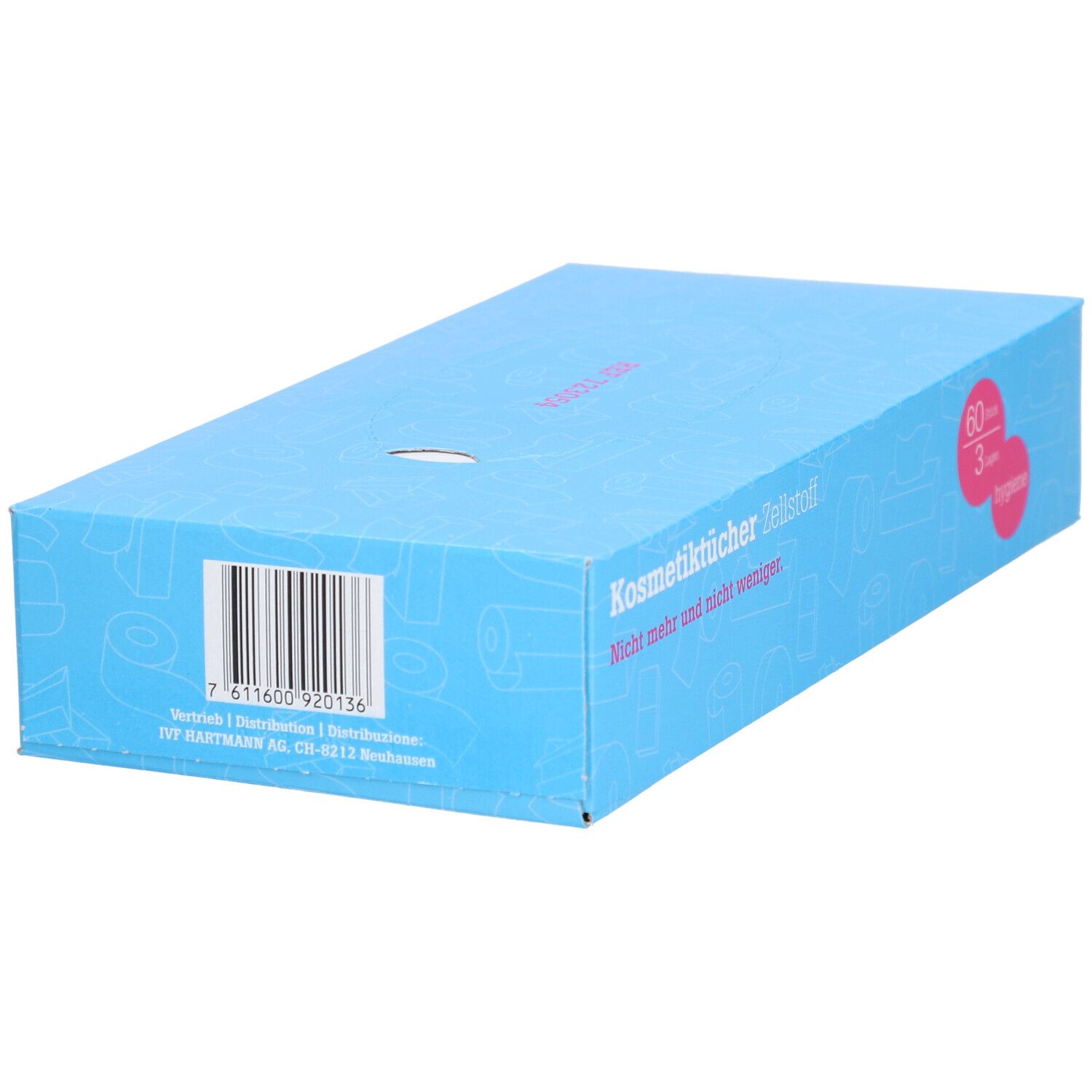 Blaue Kartonverpackung. Text: Kosmetiktücher Zellstoff, Barcode, Adresse des Herstellers.